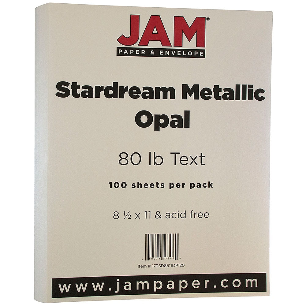 JAM Paper Metallic Colored 8.5" x 11" Copy Paper, 32 lbs., Opal Ivory Stardream, 25 Sheets/Pack (173SD8511OP120B)