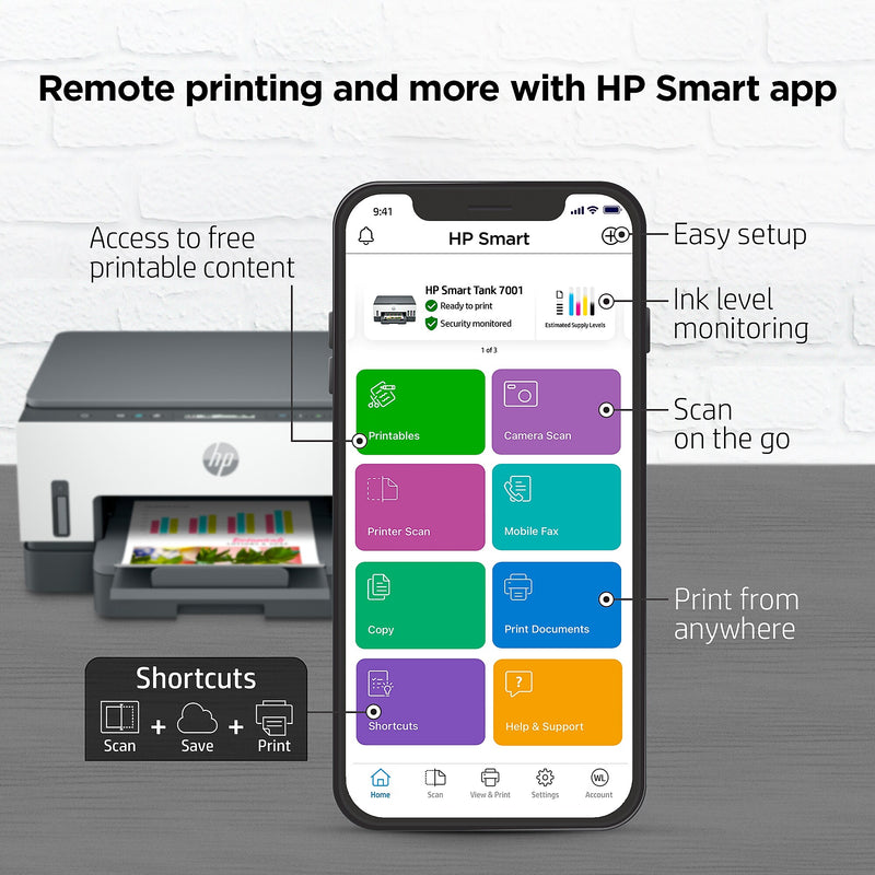 HP Smart Tank 7001 Wireless All-in-One Color Ink Tank Printer Scanner Copier, 2 years ink included (28B49A)