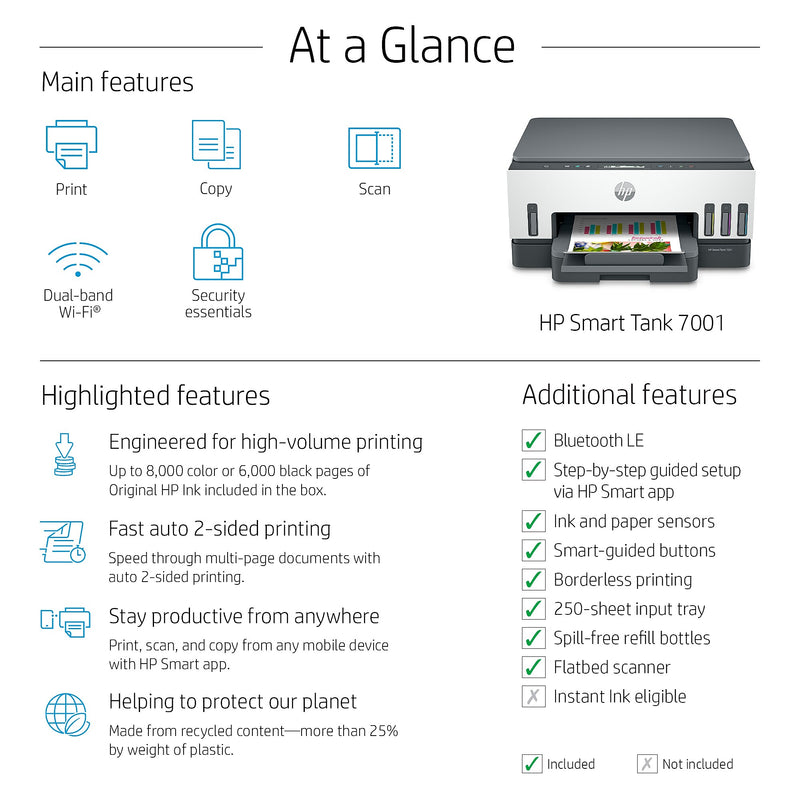 HP Smart Tank 7001 Wireless All-in-One Color Ink Tank Printer Scanner Copier, 2 years ink included (28B49A)