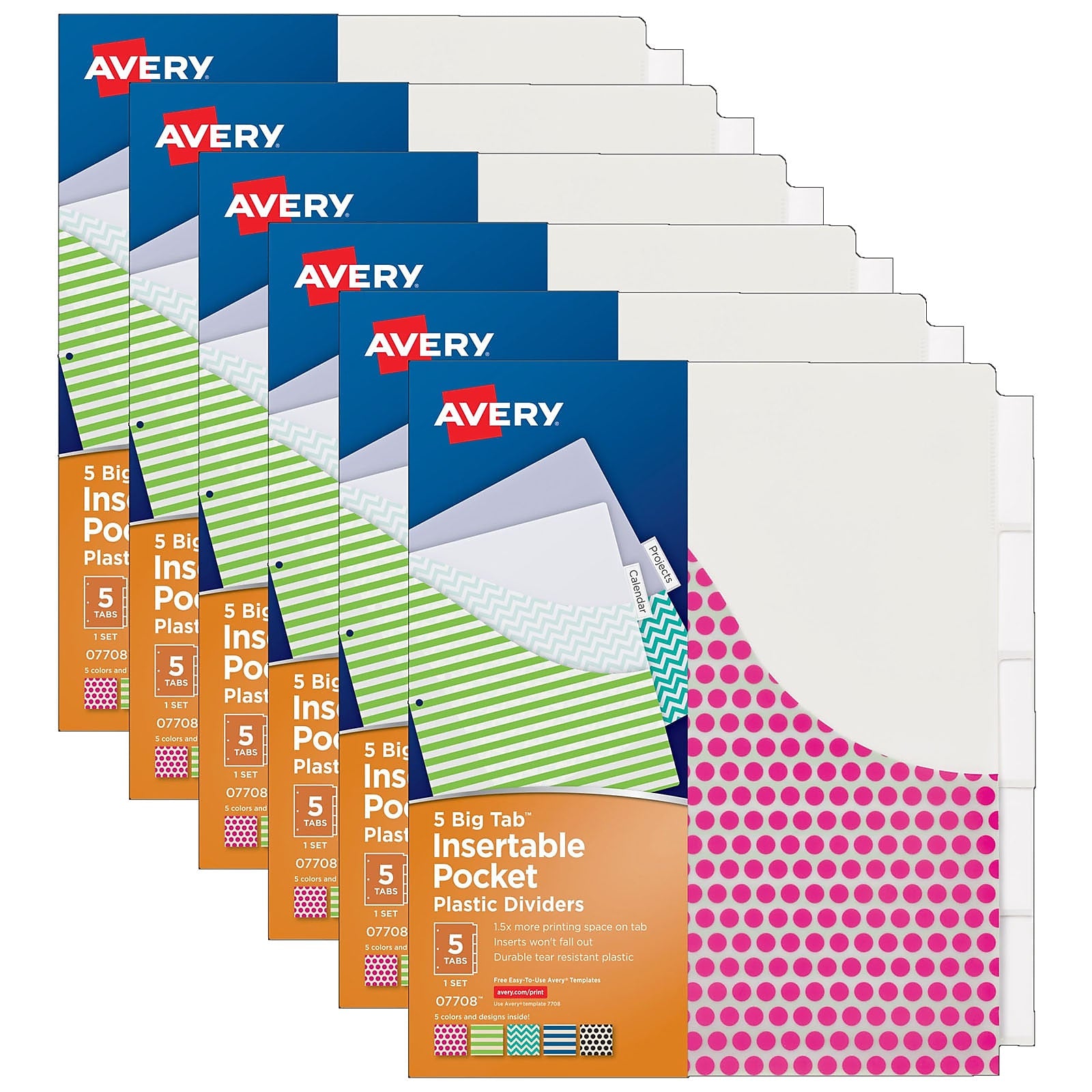 Avery® Big Tab™ Insertable Plastic Dividers with Pockets, 5-Tab Set, Assorted Designs, 6 Sets (AVE07708-6)