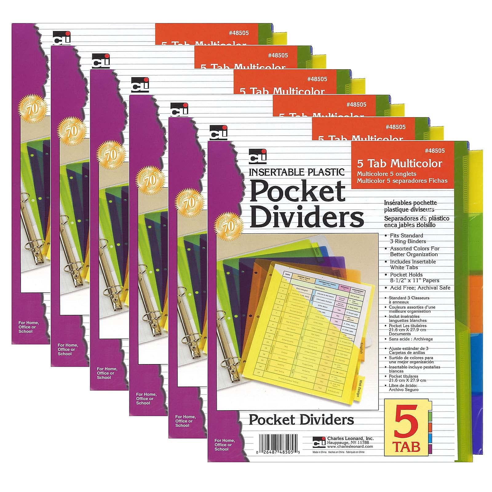 Charles Leonard Index Dividers with Pockets, 5-Tab, Assorted Colors, 5/Pack, 6 Packs (CHL48505ST-6)