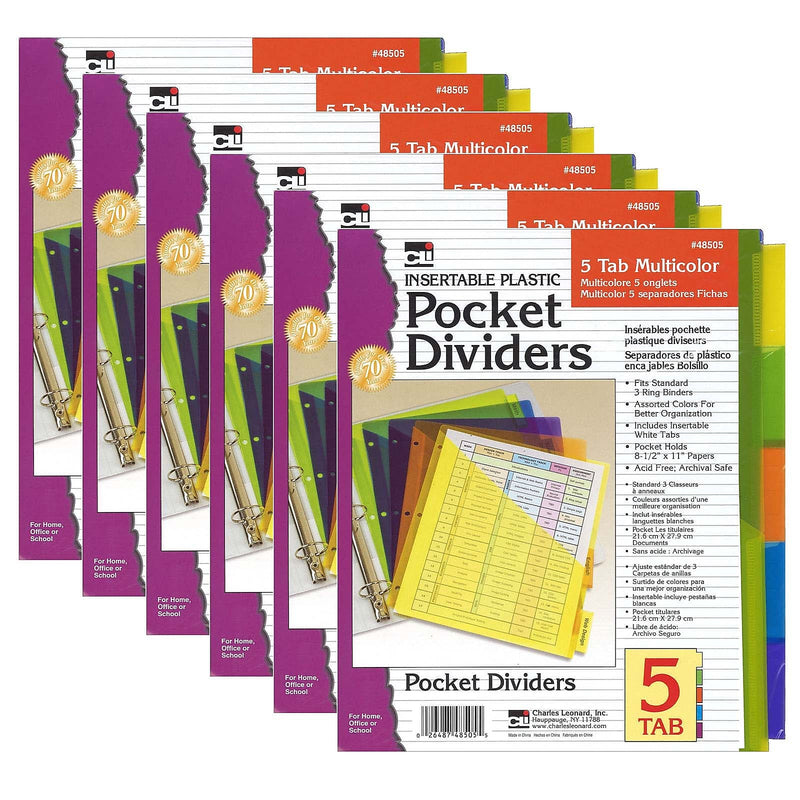 Charles Leonard Index Dividers with Pockets, 5-Tab, Assorted Colors, 5/Pack, 6 Packs (CHL48505ST-6)