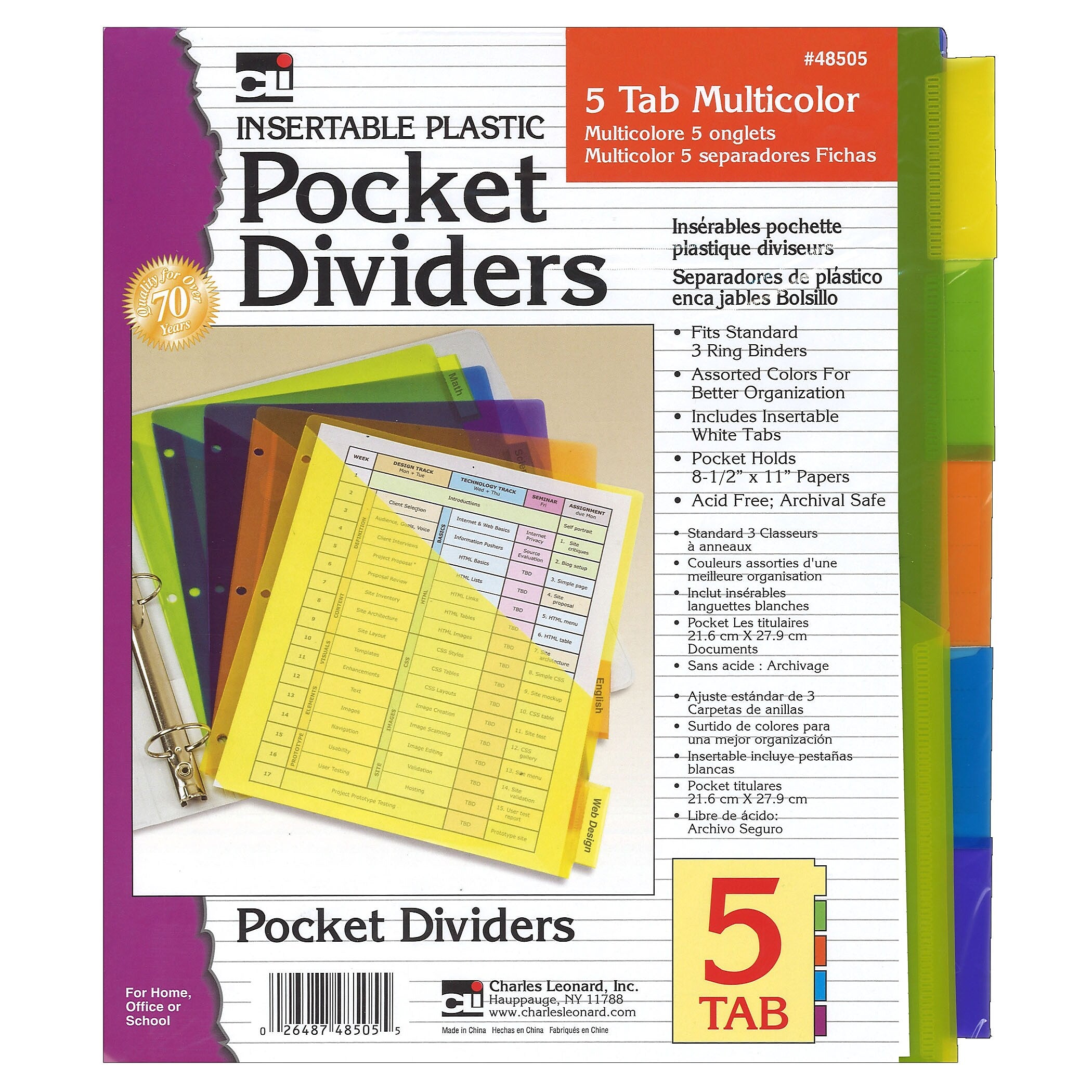 Charles Leonard Index Dividers with Pockets, 5-Tab, Assorted Colors, 5/Pack, 6 Packs (CHL48505ST-6)