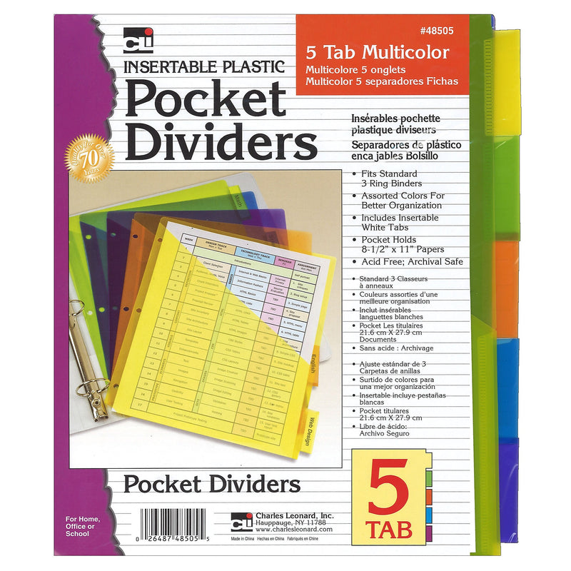 Charles Leonard Index Dividers with Pockets, 5-Tab, Assorted Colors, 5/Pack, 6 Packs (CHL48505ST-6)