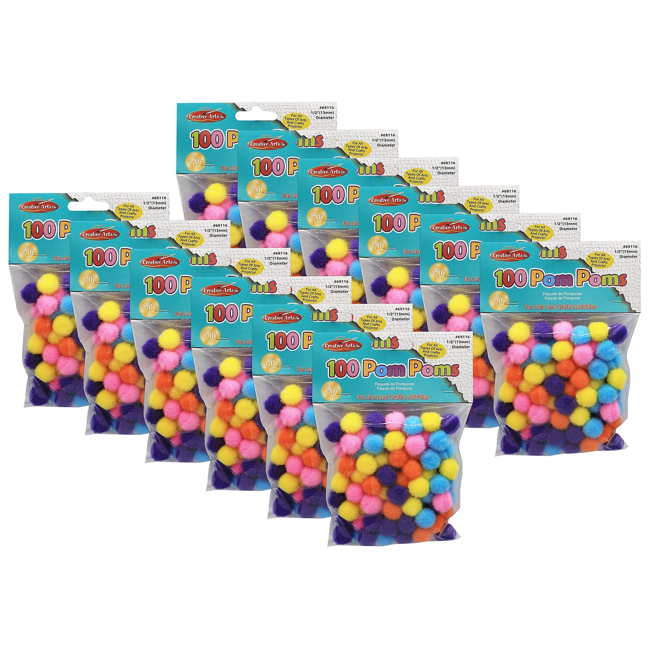 CLI Pom-Poms, 1/2", Hot Colors, 100/Pack, 12 Packs (CHL69116-12)