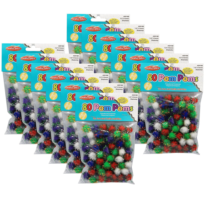 CLI Pom-Poms 1/2", Assorted Glitter Colors, 80/Pack, 12 Packs (CHL69180-12)