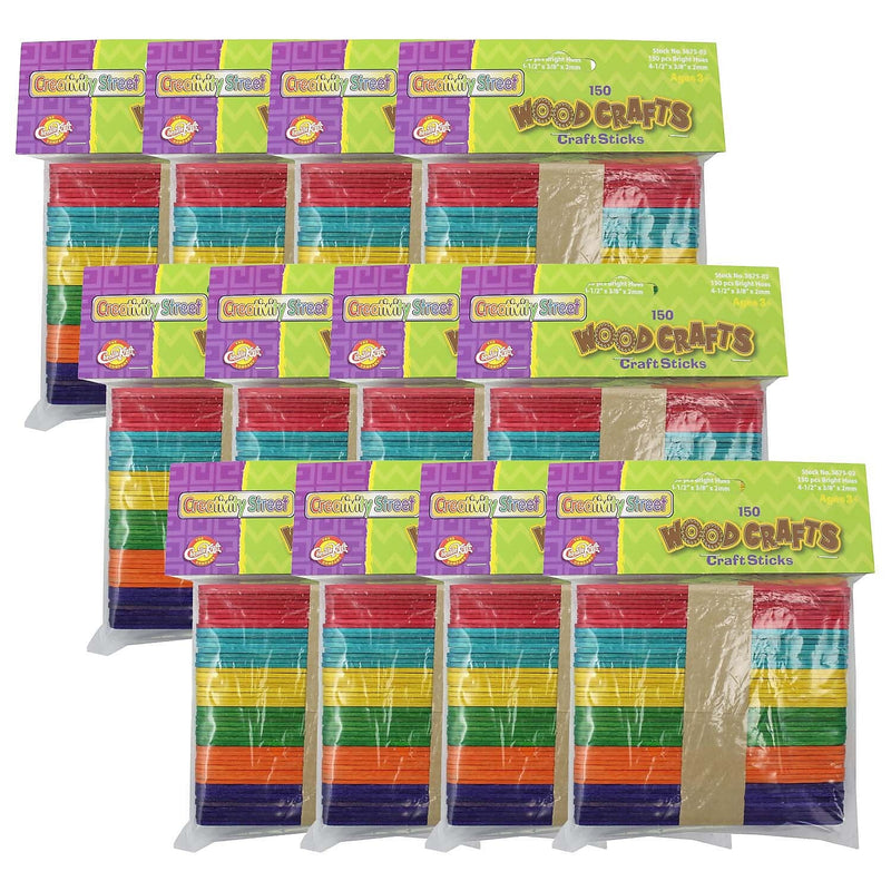 Creativity Street Regular Craft Sticks, Bright Hues Assorted, 4 1/2" x 3/8" x 2mm, 150/Pack, 12 Packs (CK-367502-12)