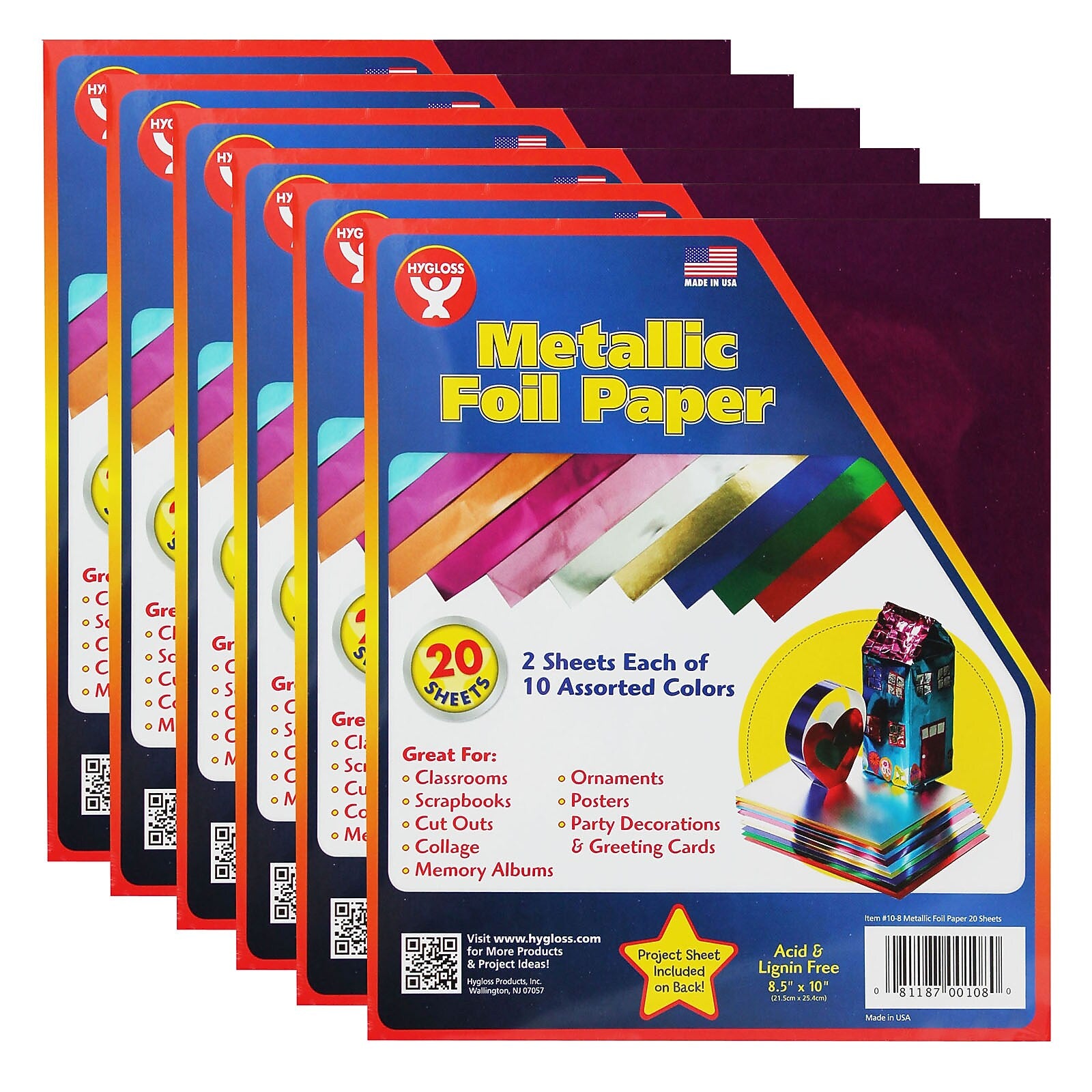 Hygloss Metallic Foil Paper Sheets, 8.5" x 10", Assorted Colors, 20 Per Pack, 6 Packs (HYG108-6)