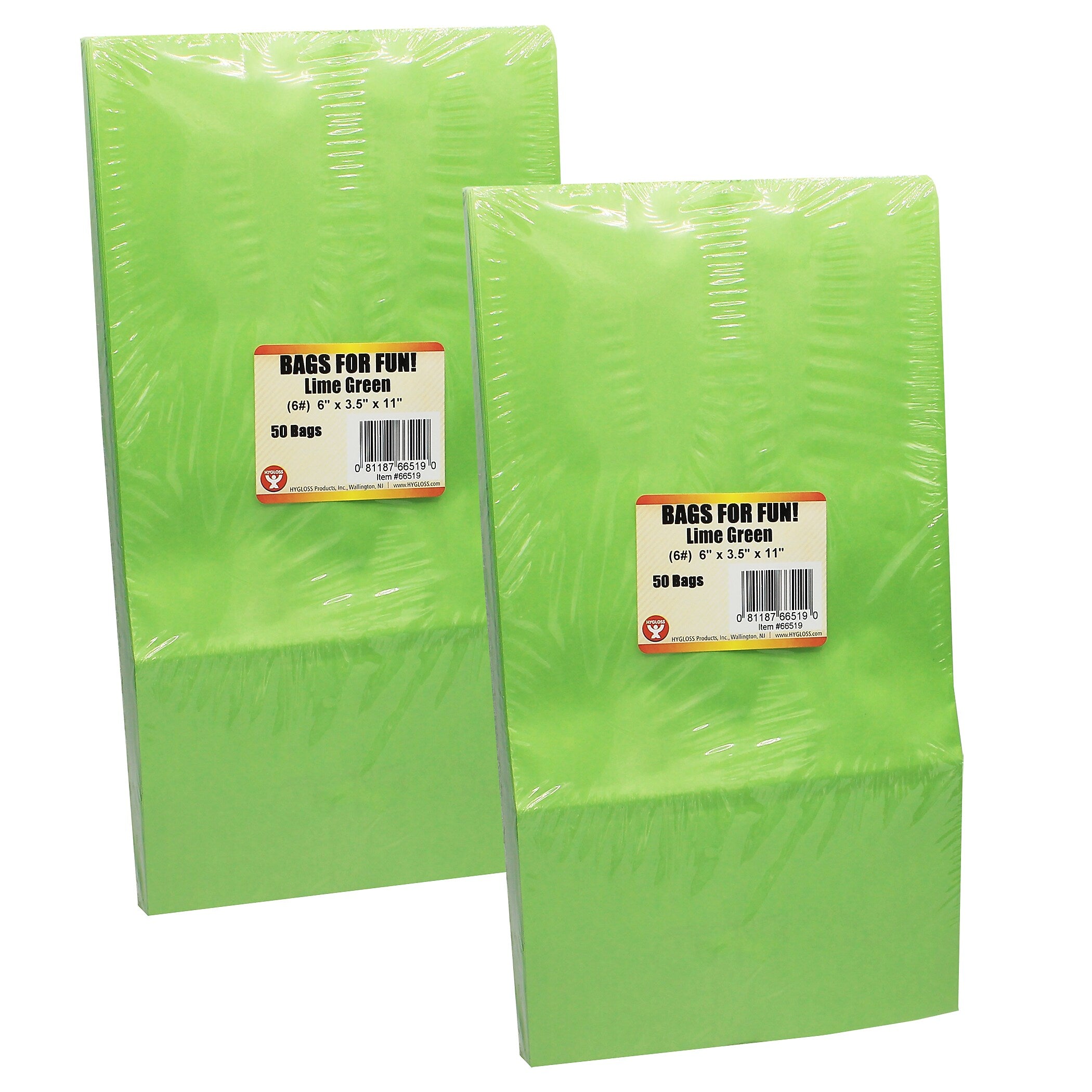Hygloss Gusseted Paper Bags, #6 (6" x 3.5" x 11"), Lime Green, 50/Pack, 2 Packs (HYG66519-2)