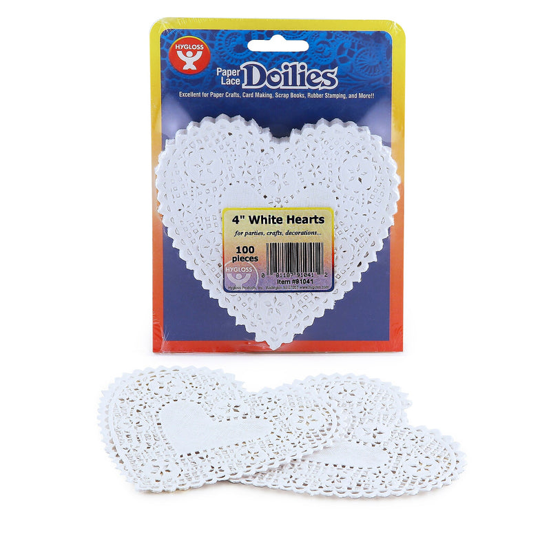 Hygloss Heart Doilies, White, 4", 100/Pack, 6 Packs (HYG91041-6)