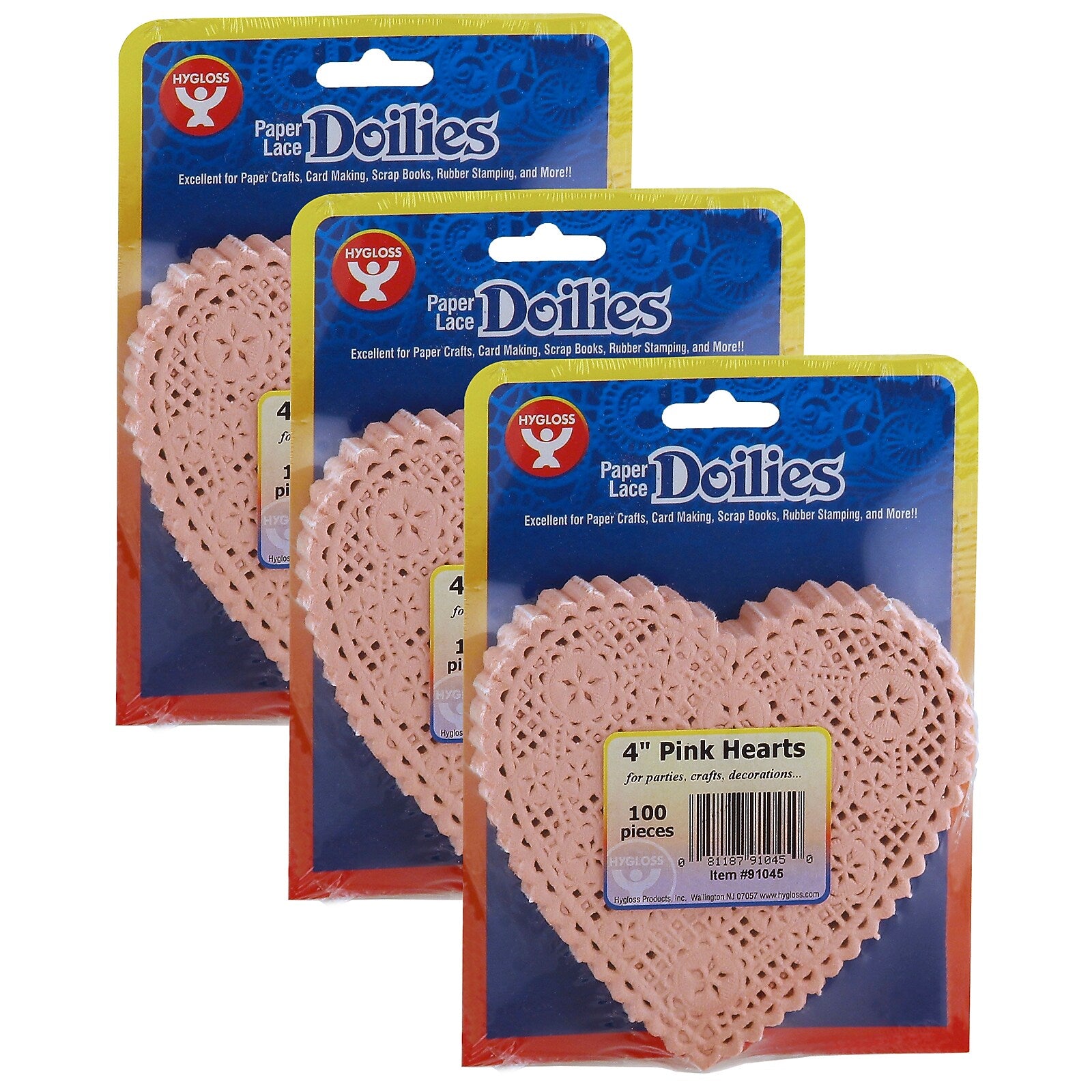 Hygloss Heart Doilies, Pink, 4", 100/Pack, 3 Packs (HYG91045-3)