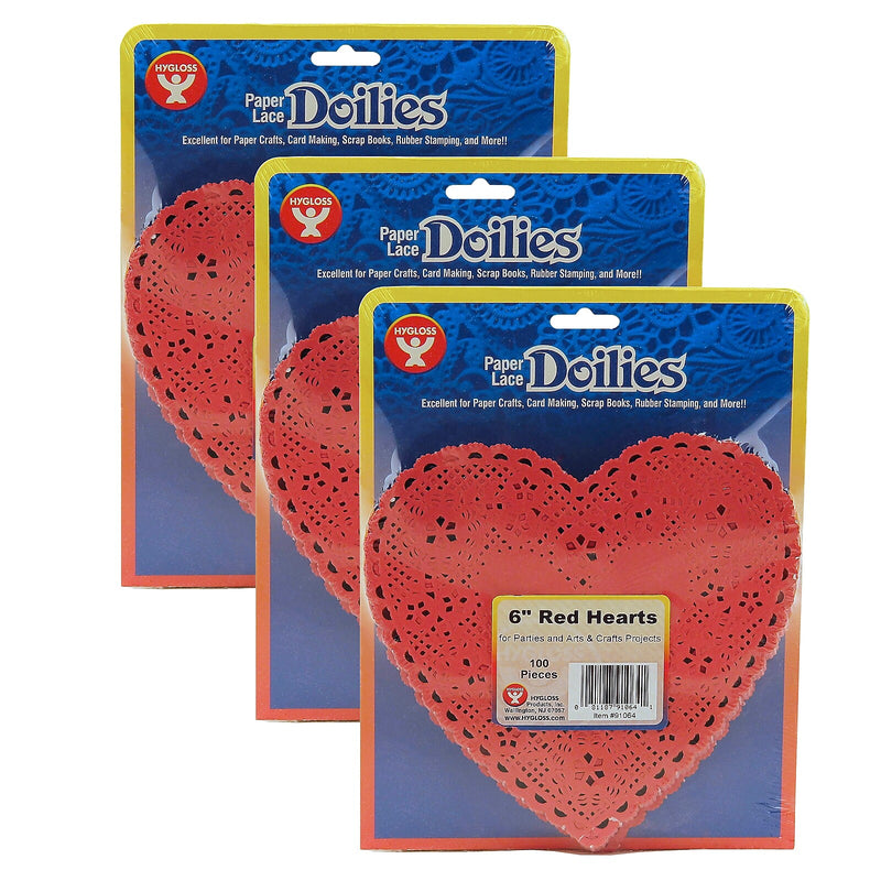 Hygloss Heart Doilies, Red, 6", 100/Pack, 3 Packs (HYG91064-3)