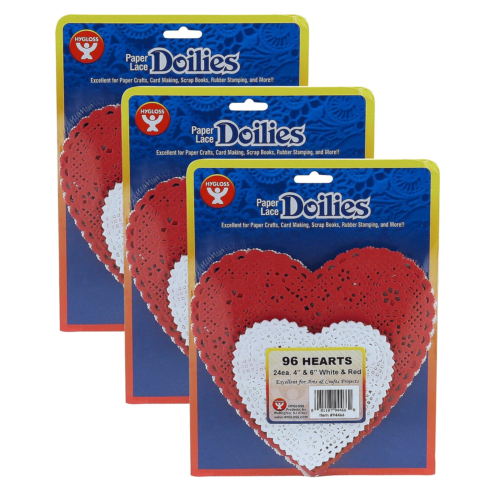 Hygloss Doilies, White & Red Hearts, 4" & 6", 96/Pack, 3 Packs (HYG94466-3)
