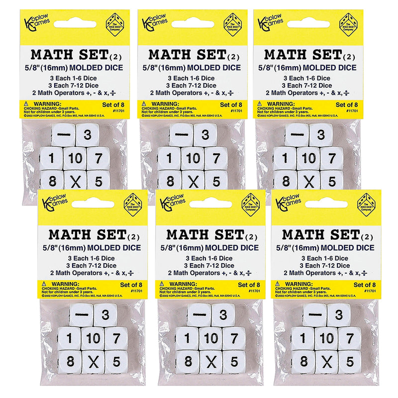 Koplow Games Whole Number Dice Set, 8 Per Pack, 6 Packs (KOP11701-6)