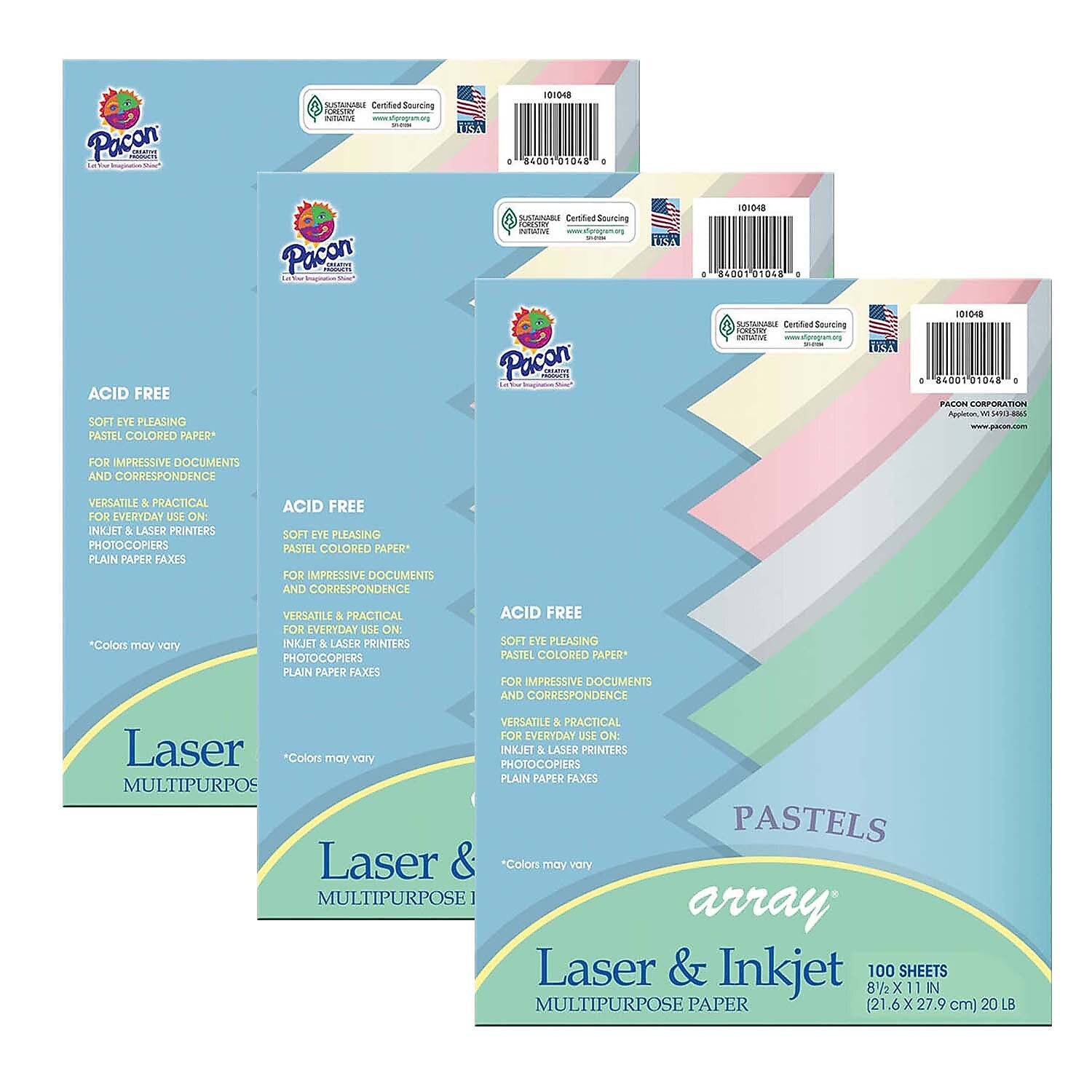 Pacon Array Computer Paper, 8.5" x 11", Assorted Pastel, 100 Sheets/Pack, 3/Pack (PAC101048-3)