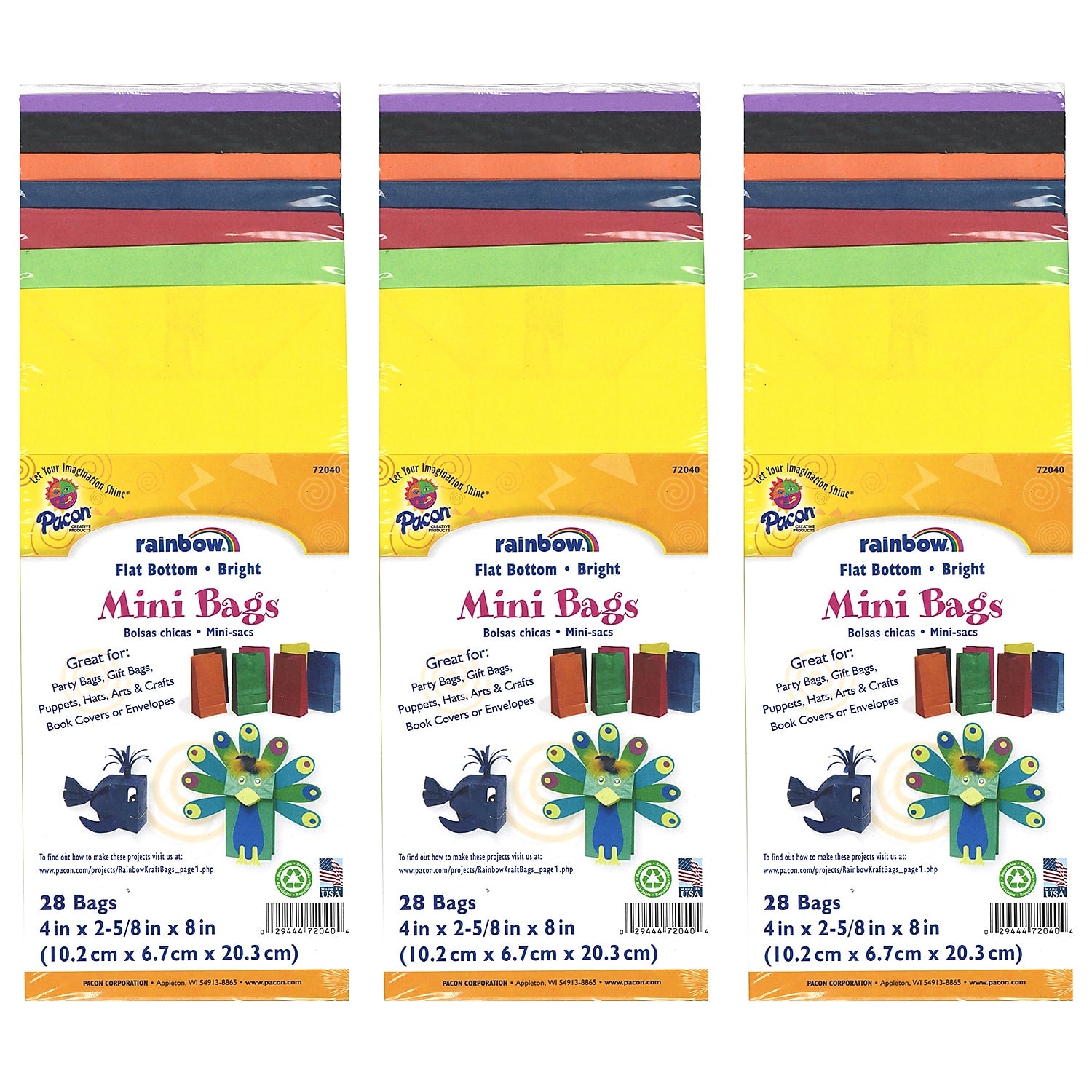 Creativity Street Mini Kraft Bag, Assorted Bright Colors, 4-1/8" x 2-5/8" x 8", 28/Pack, 3 Packs (PAC72040-3)