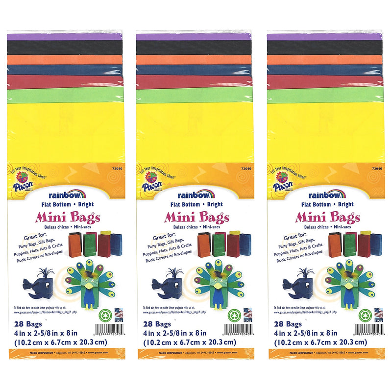 Creativity Street Mini Kraft Bag, Assorted Bright Colors, 4-1/8" x 2-5/8" x 8", 28/Pack, 3 Packs (PAC72040-3)