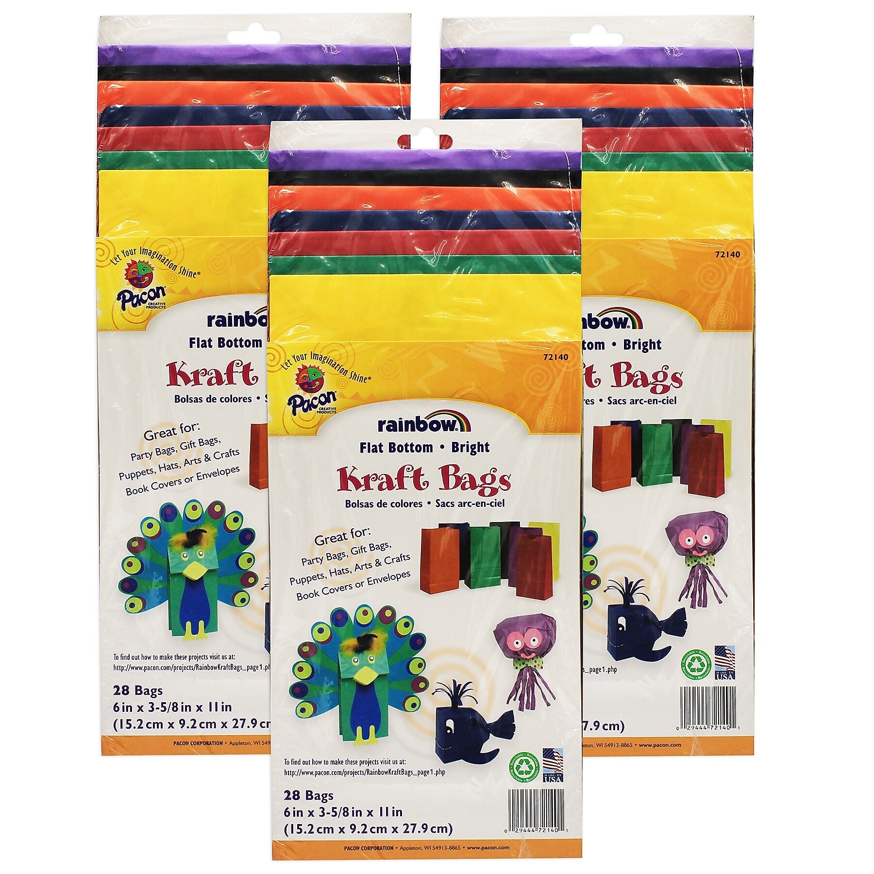Creativity Street Kraft Bag, Assorted Bright Colors, 6" x 3-5/8" x 11", 28/Pack, 3 Packs (PAC72140-3)