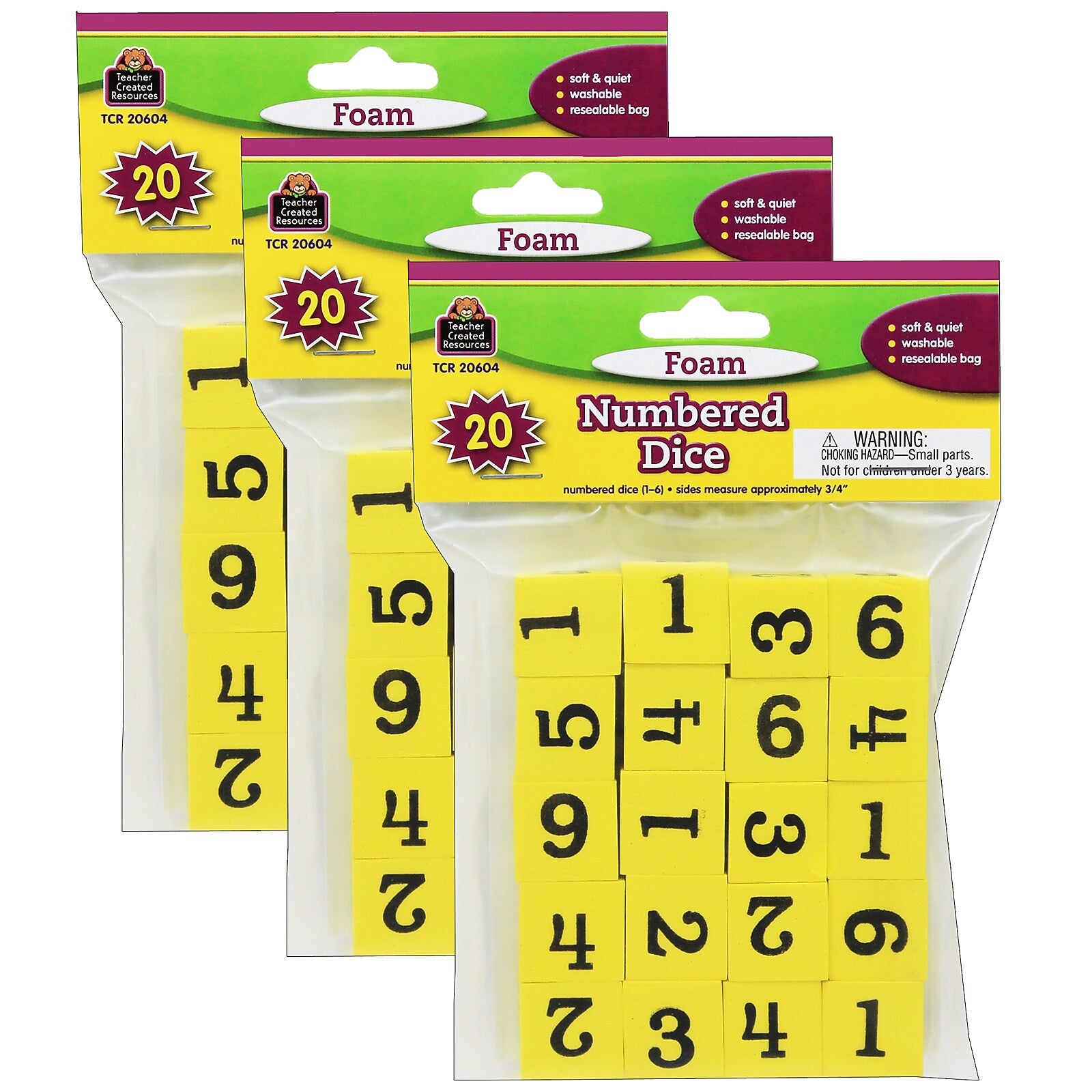Teacher Created Resources Foam Numbered Dice (1-6), 20 Per Pack, 3 Packs (TCR20604-3)