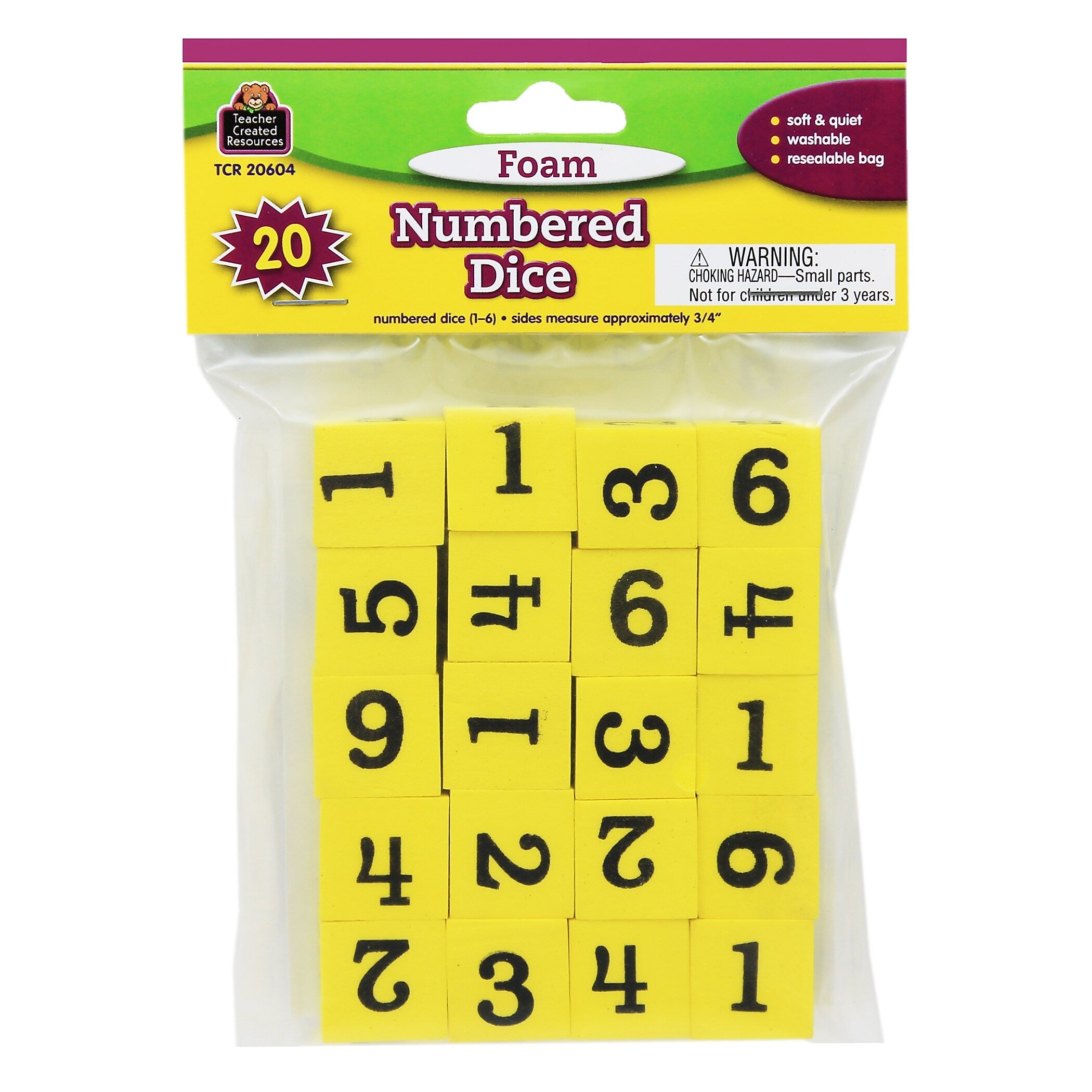 Teacher Created Resources Foam Numbered Dice (1-6), 20 Per Pack, 3 Packs (TCR20604-3)