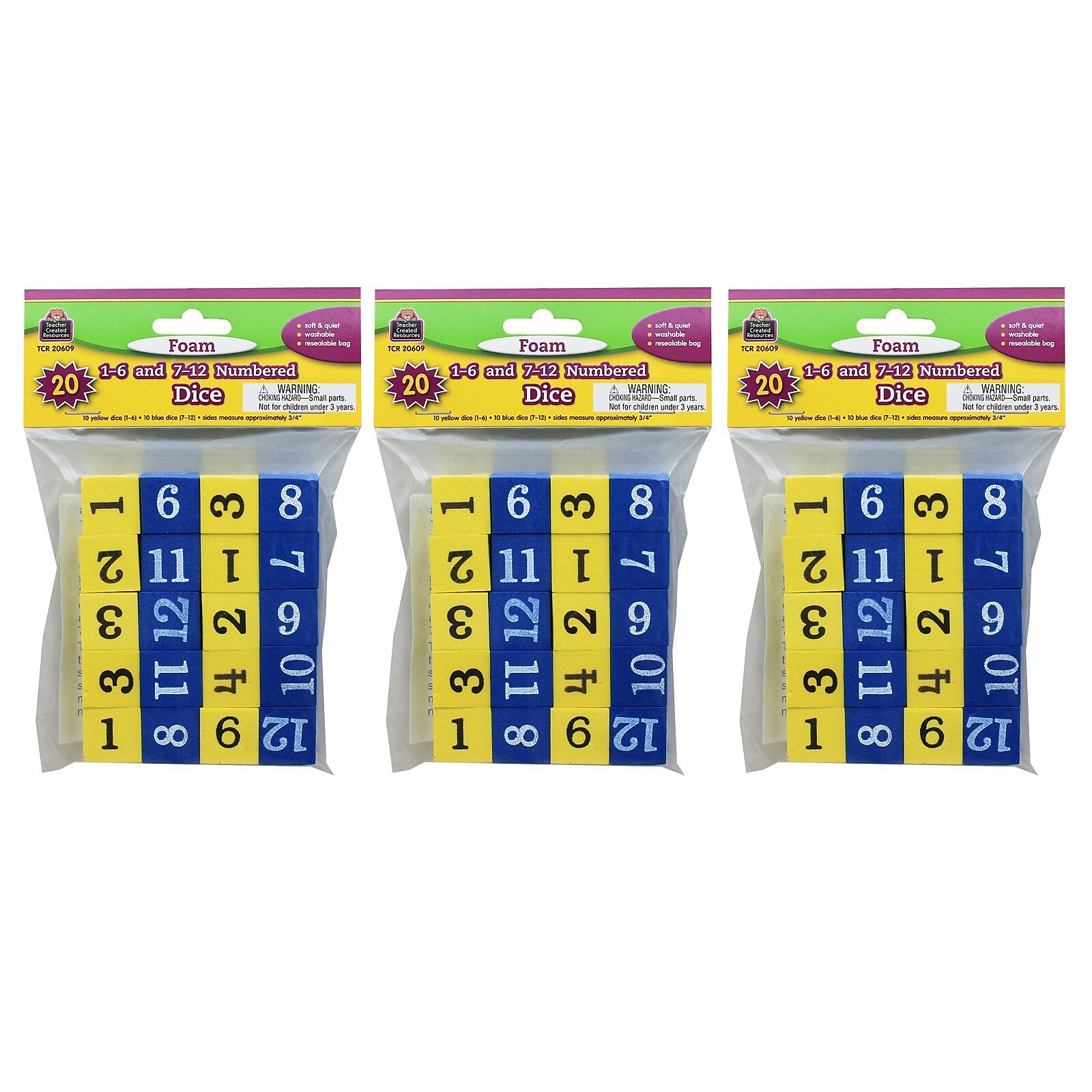 Teacher Created Resources Foam Numbered Dice (Numerals 1-12), 20 Per Pack, 3 Packs (TCR20609-3)