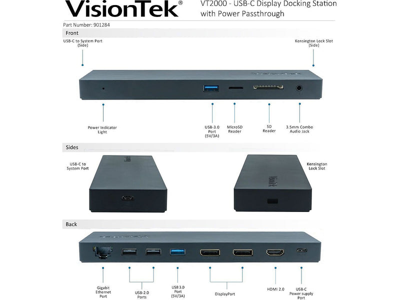 VisionTek VT2000 Triple Display USB-C Docking Station for Laptop (901284)