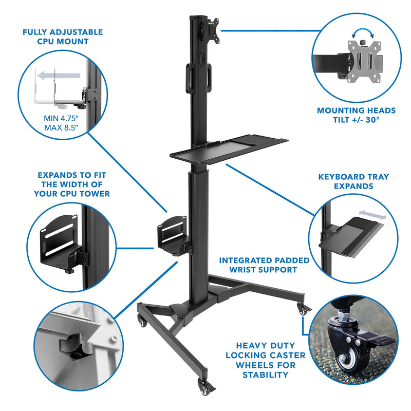 Mount-lt! Adjustable Monitor Cart, Up to 32", Black (MI-7985)