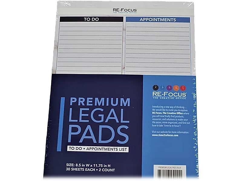 RE-FOCUS THE CREATIVE OFFICE Premium Legal Pad, Ruled, 8.5" x 11.75", Blue, 30 Sheets/Pad, 2 Pads (40001)