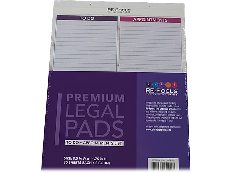 RE-FOCUS THE CREATIVE OFFICE Premium Legal Pad, Ruled, 8.5" x 11.75", Pink, 30 Sheets/Pad, 2 Pads (40002)