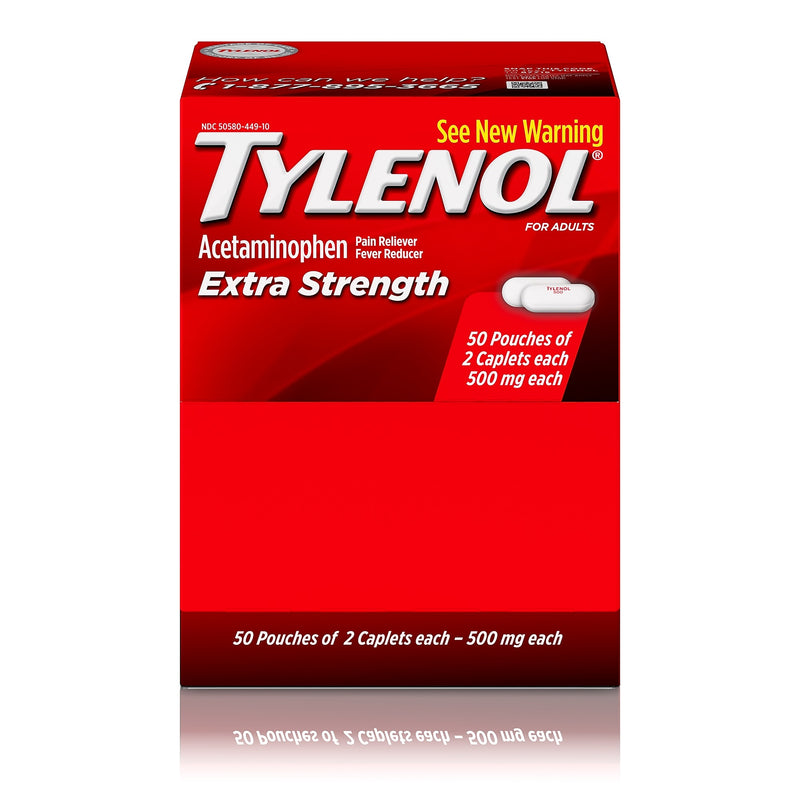 Tylenol Extra Strength Caplets, Fever Reducer and Pain Reliever, 500 mg, 50 Count, 2/Pack (487348)