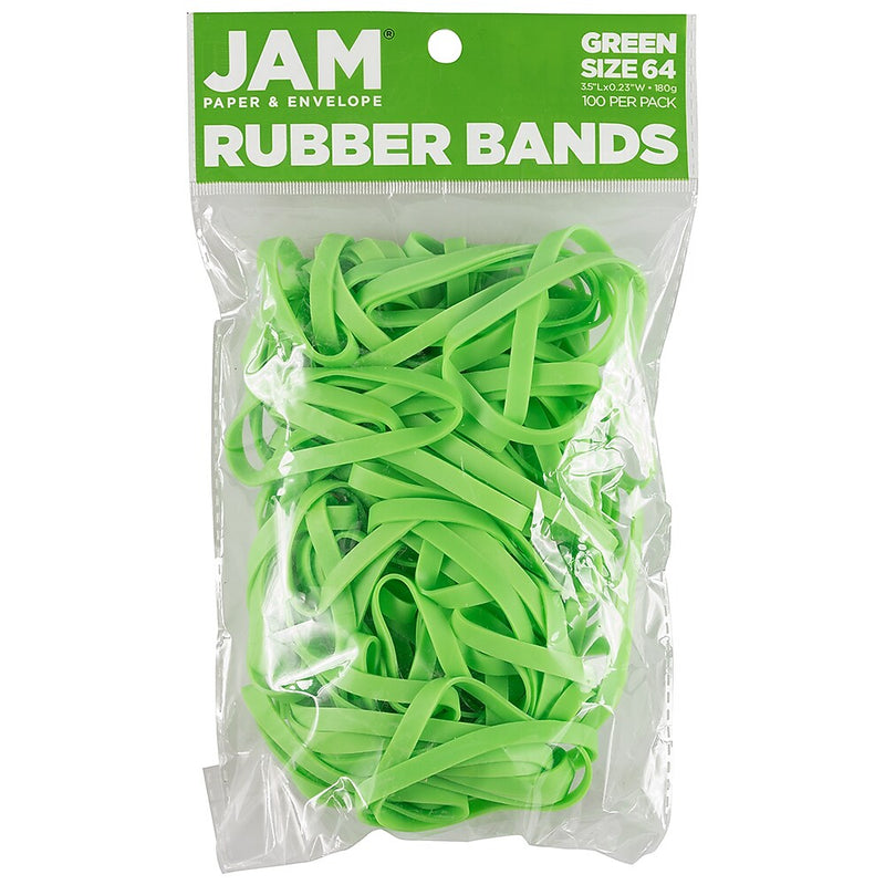 JAM Paper Multi-Purpose #64 Rubber Bands, 3.5" x .25", Non-Latex, Green, 100/Pack (33364RBGR)