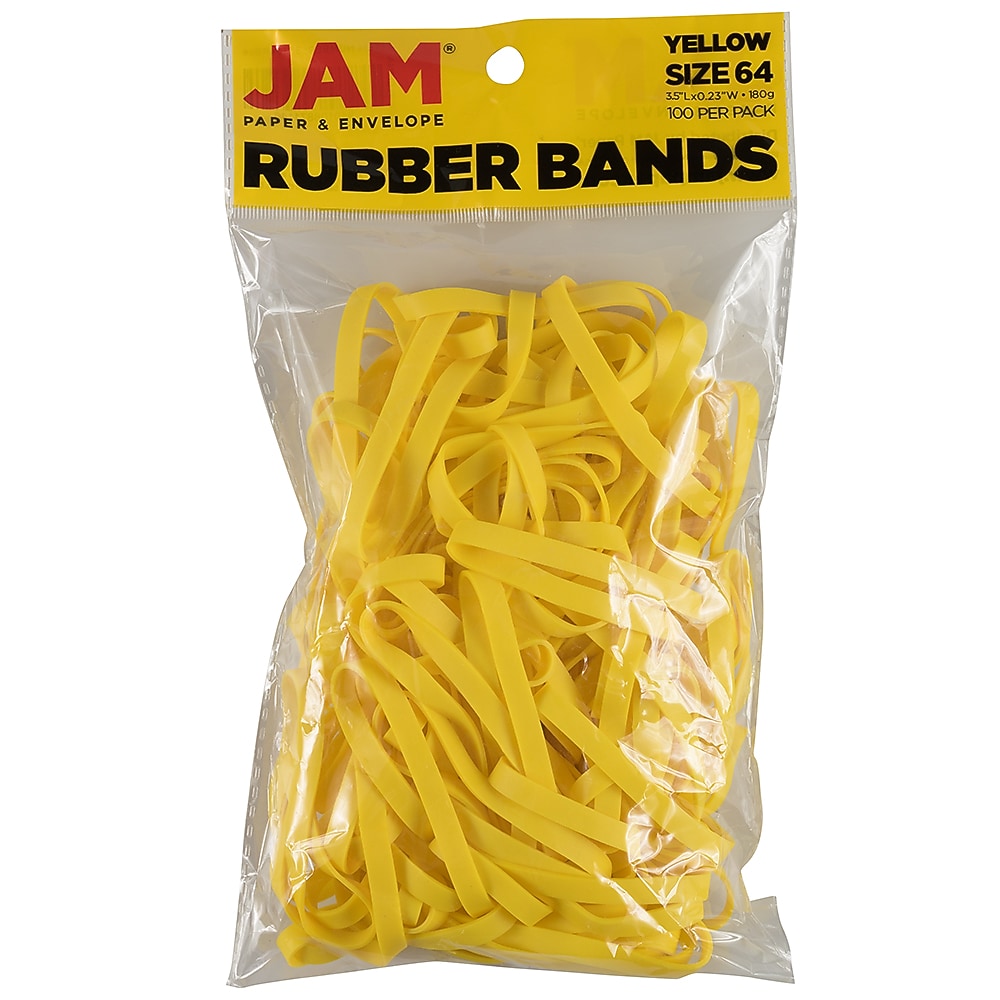 JAM Paper Multi-Purpose #64 Rubber Bands, 3.5" x .25", Non-Latex, Yellow, 100/Pack (33364RBYE)