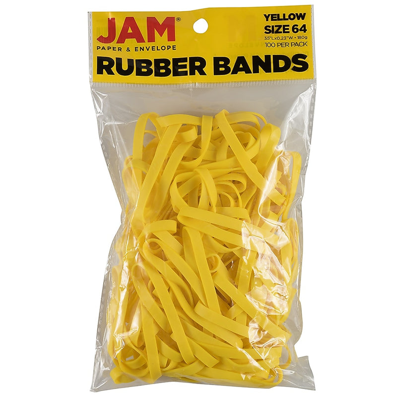 JAM Paper Multi-Purpose #64 Rubber Bands, 3.5" x .25", Non-Latex, Yellow, 100/Pack (33364RBYE)