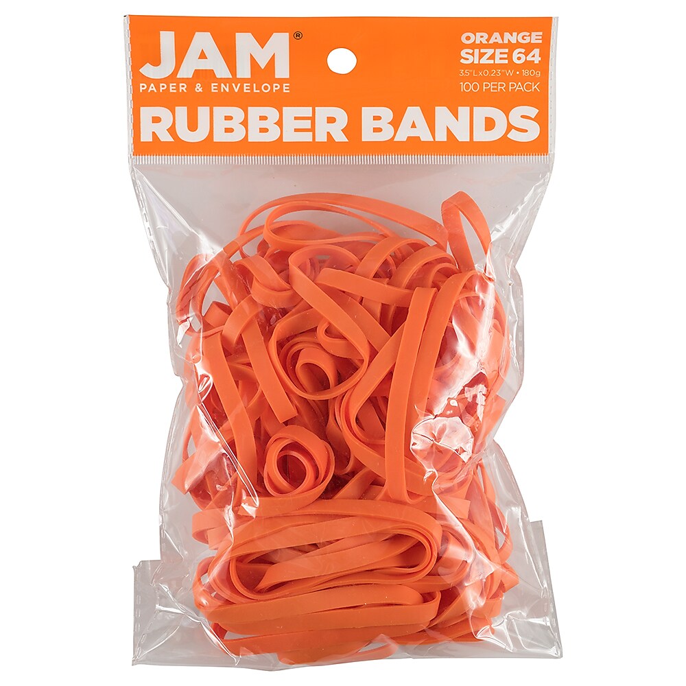 JAM Paper Multi-Purpose #64 Rubber Bands, 3.5" x .25", Non-Latex, Orange, 100/Pack (33364RBOR)
