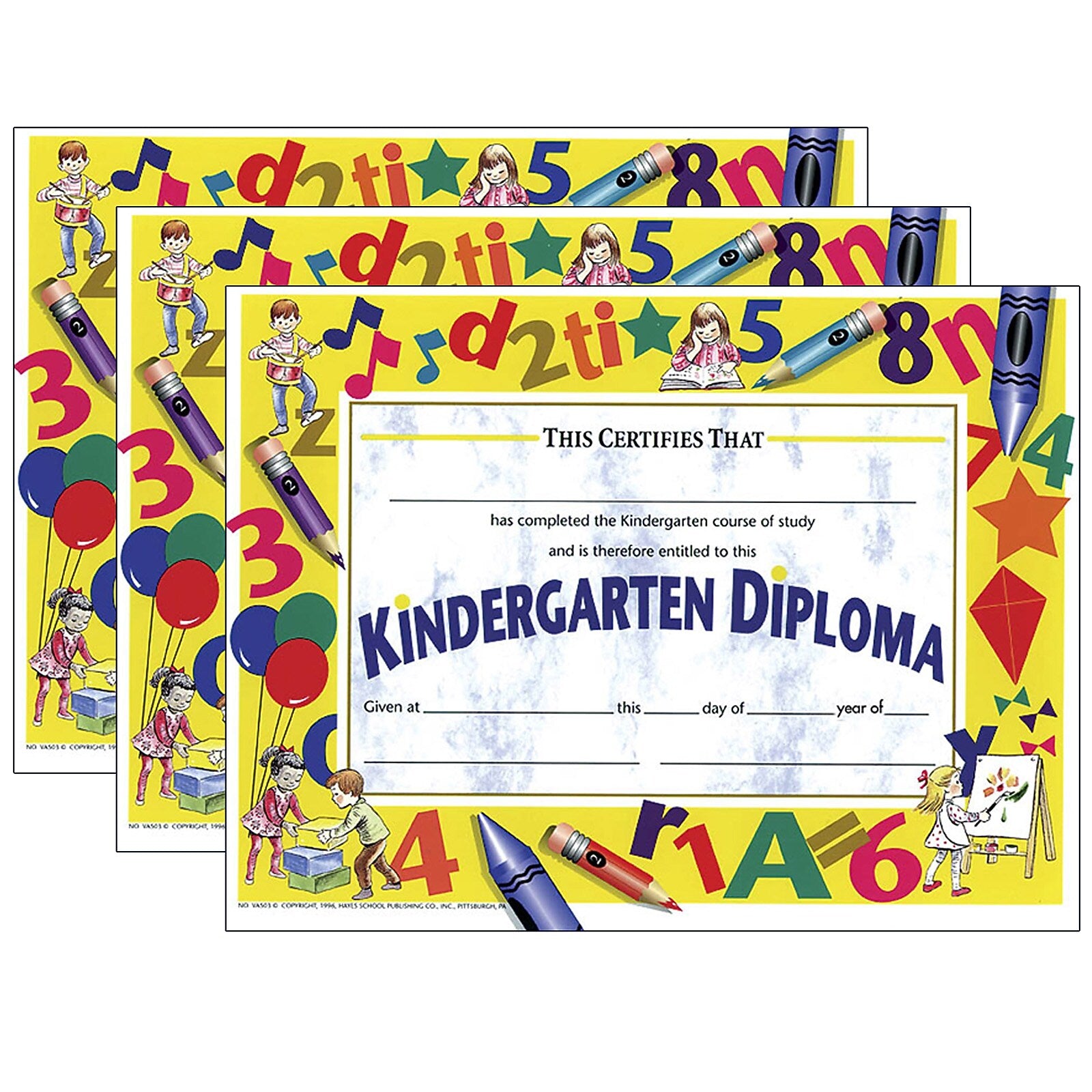 Hayes Publishing Kindergarten Diploma, 8.5" x 11", 30 Per Pack, 3 Packs (H-VA503-3)