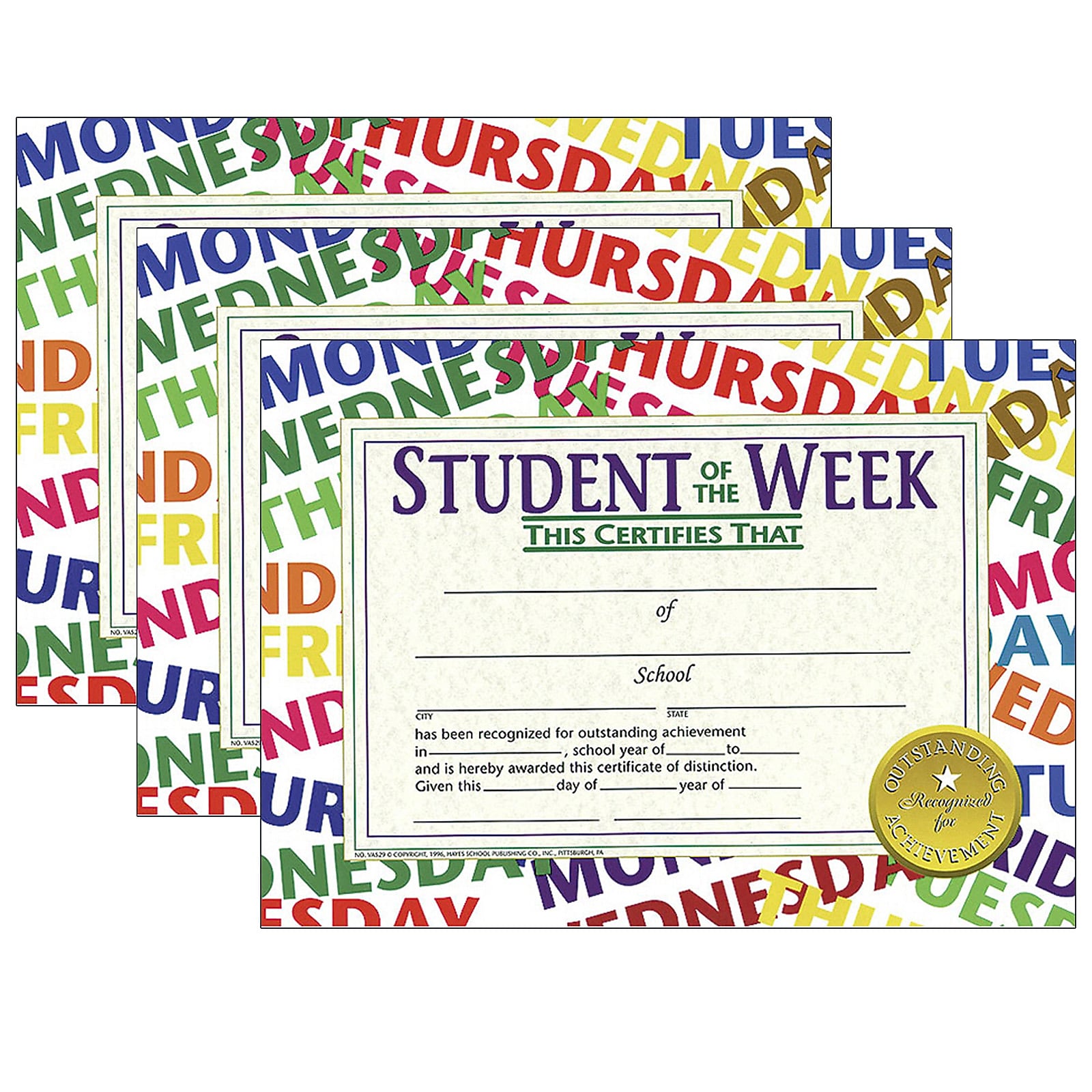 Hayes Publishing Student of the Week Certificate, 8.5" x 11", 30/Pack, 3 Packs (H-VA529-3)