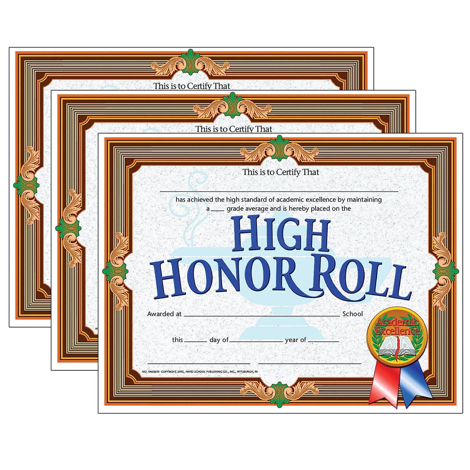 Hayes Publishing High Honor Roll Certificate, 8.5" x 11", 30/Pack, 3 Packs (H-VA686-3)