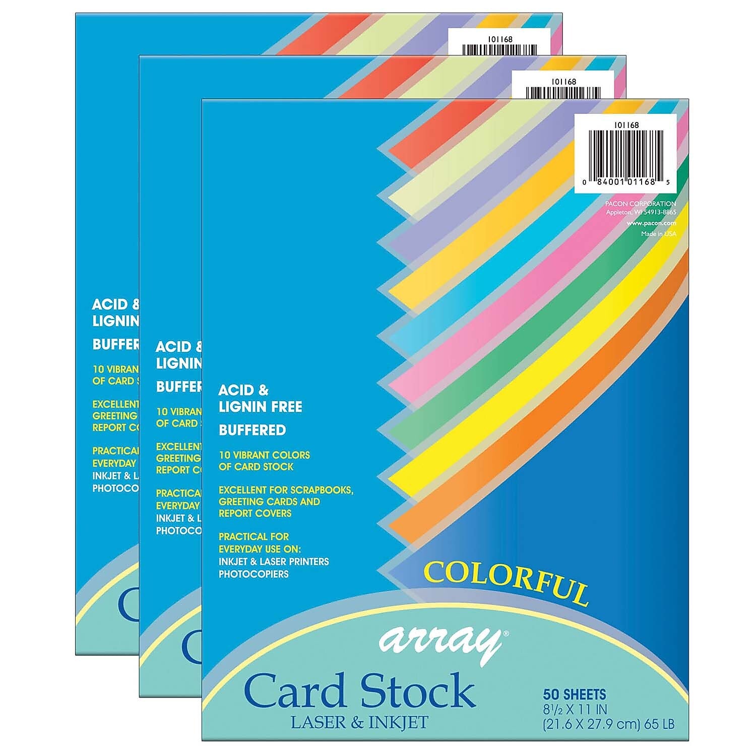 Pacon Array Card Stock, 65 lbs., 8.5" x 11", Assorted Colors, 50 Sheets/Pack, 3 Packs (PAC101168-3)