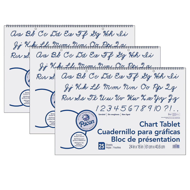 Pacon Unruled Chart Tablet, Cursive Cover, 24" x 16", 25 Sheets Per Tablet, 3 Tablets (PAC74520-3)