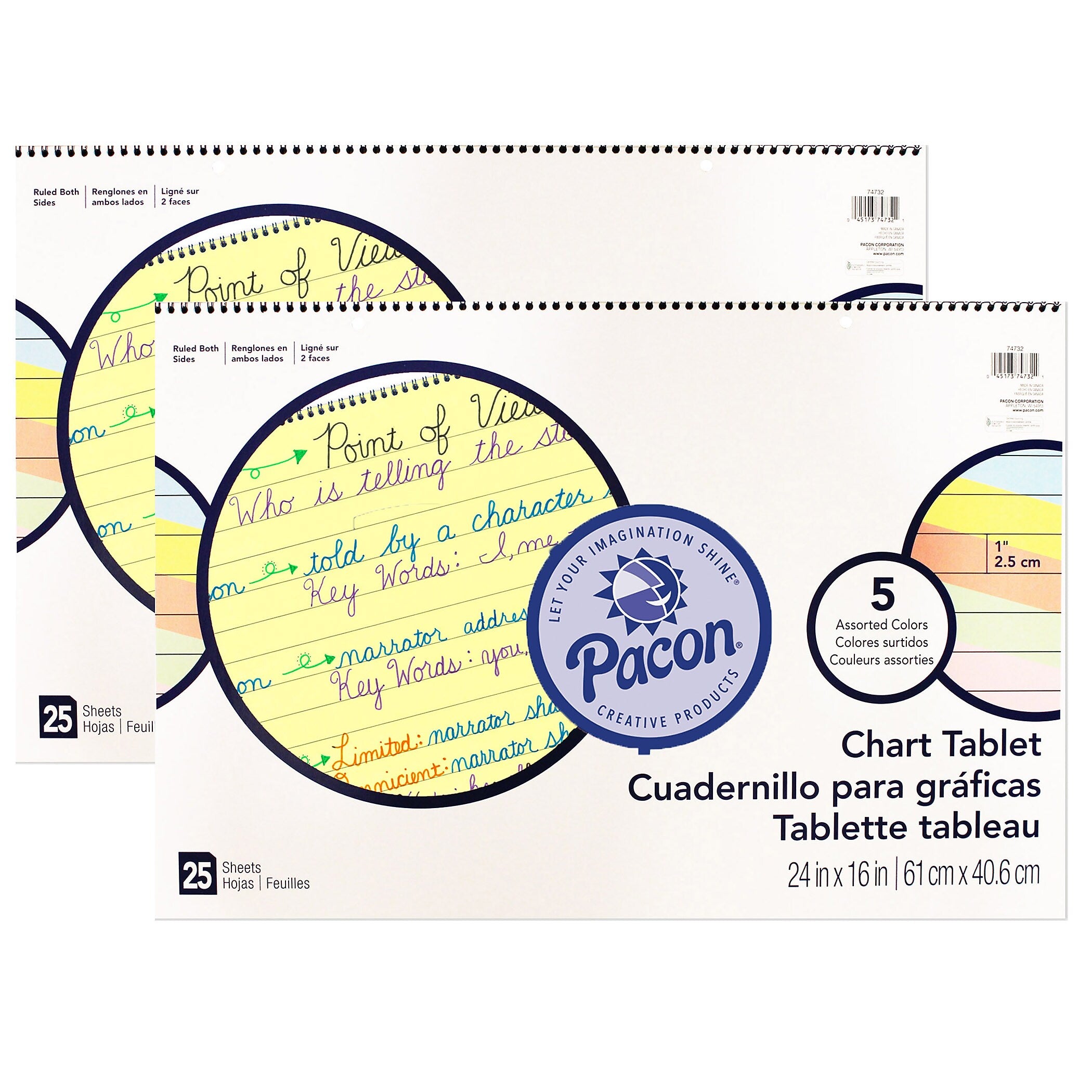 Pacon 1" Ruled Colored Paper Chart Tablet, 24" x 16", 25 Sheets Per Tablet, Pack of 2 (PAC74732-2)