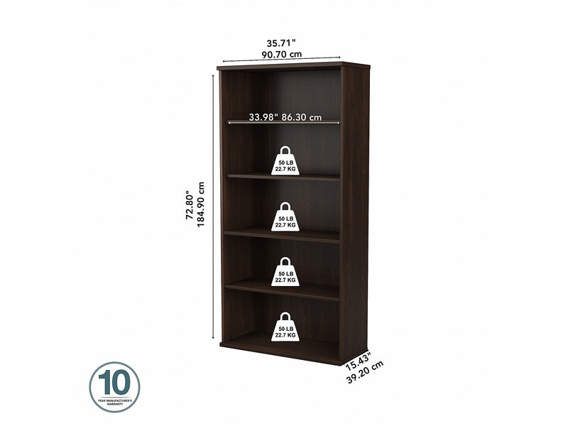 Bush Business Furniture Hybrid 73"H 5-Shelf Bookcase with Adjustable Shelves, Black Walnut Laminated Wood (HYB136BW-Z)