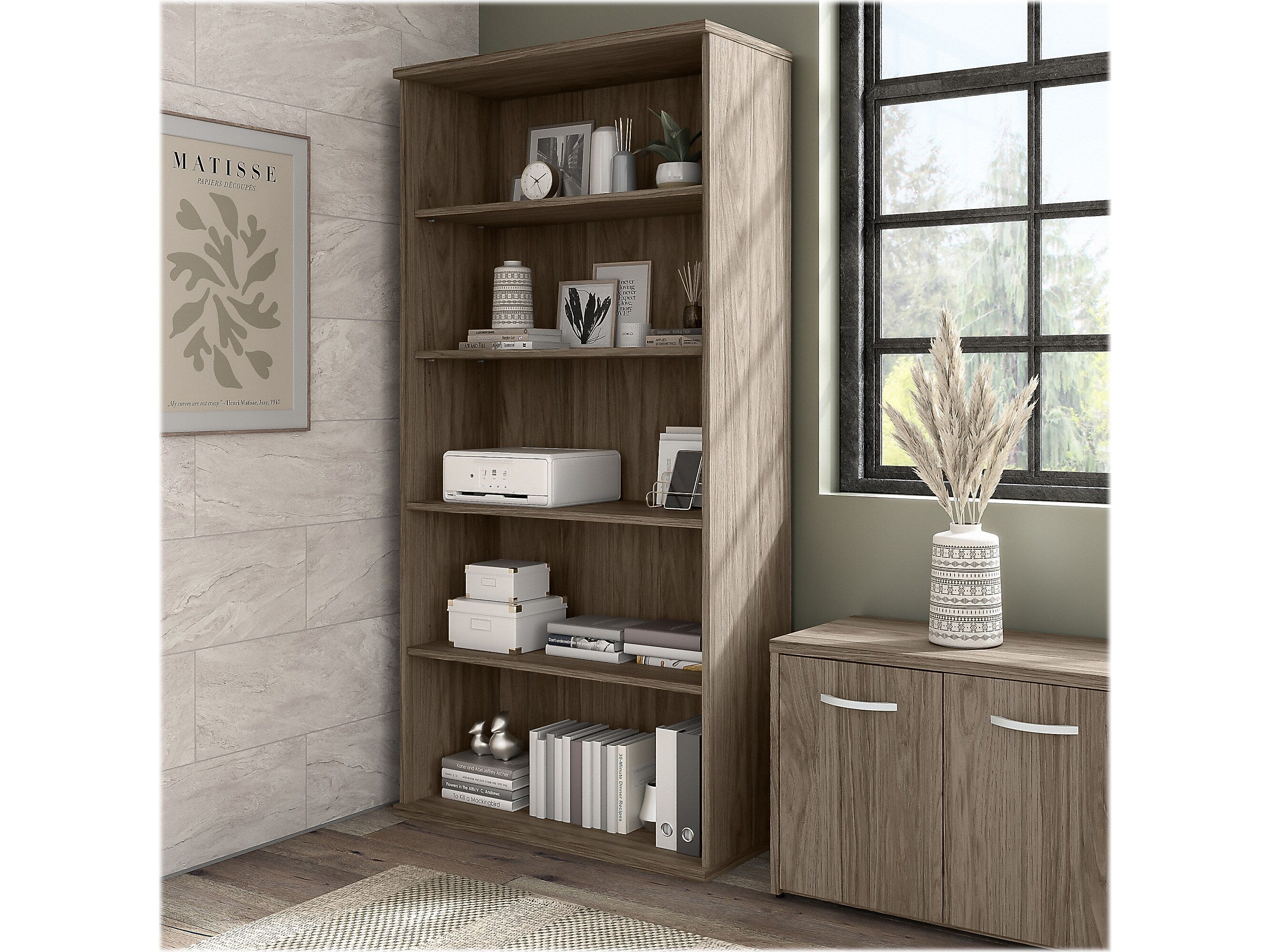 Bush Business Furniture Hybrid 73"H 5-Shelf Bookcase with Adjustable Shelves, Modern Hickory Laminated Wood (HYB136MH-Z)