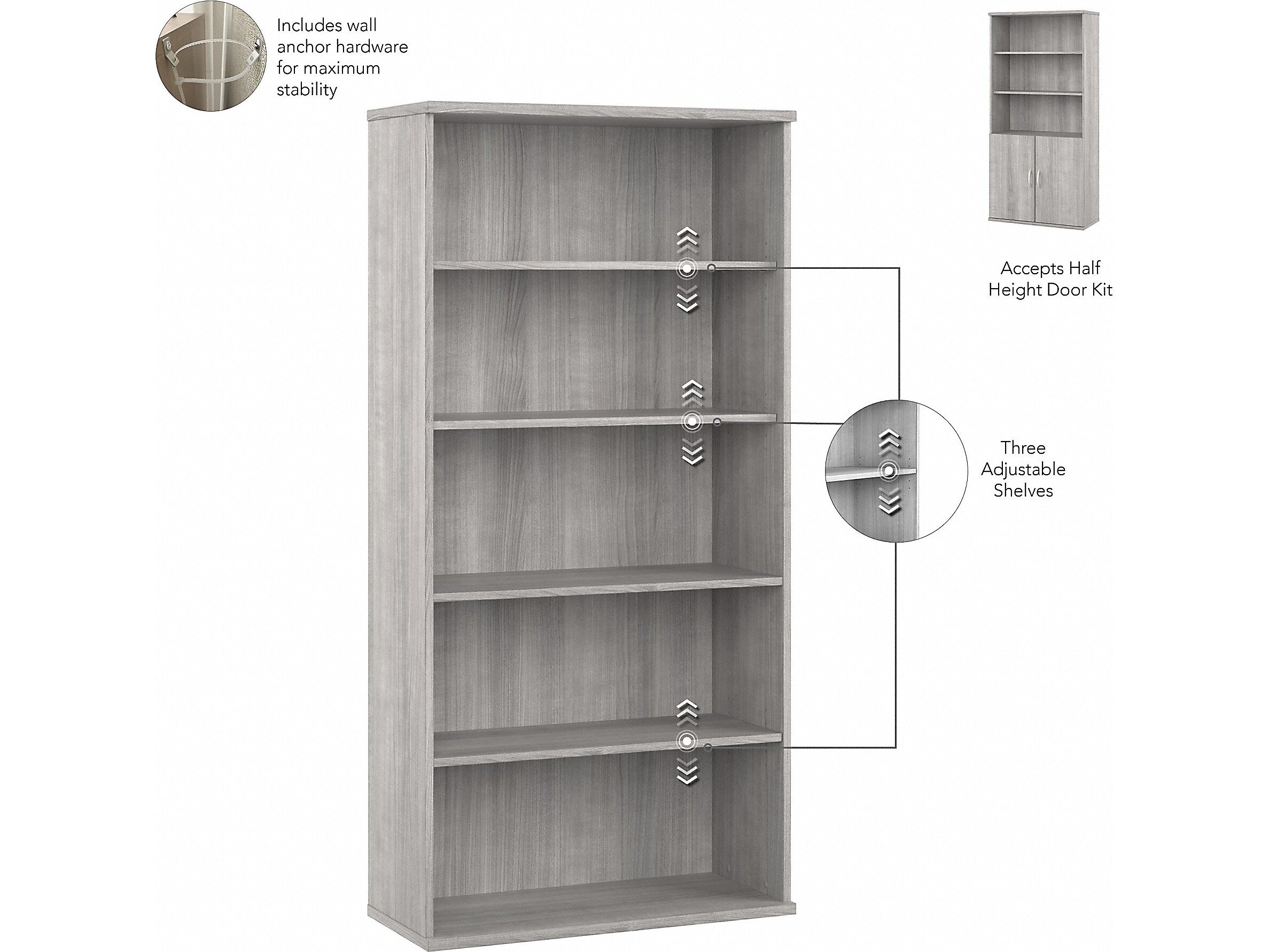 Bush Business Furniture Hybrid 73"H 5-Shelf Bookcase with Adjustable Shelves, Platinum Gray Laminated Wood (HYB136PG-Z)
