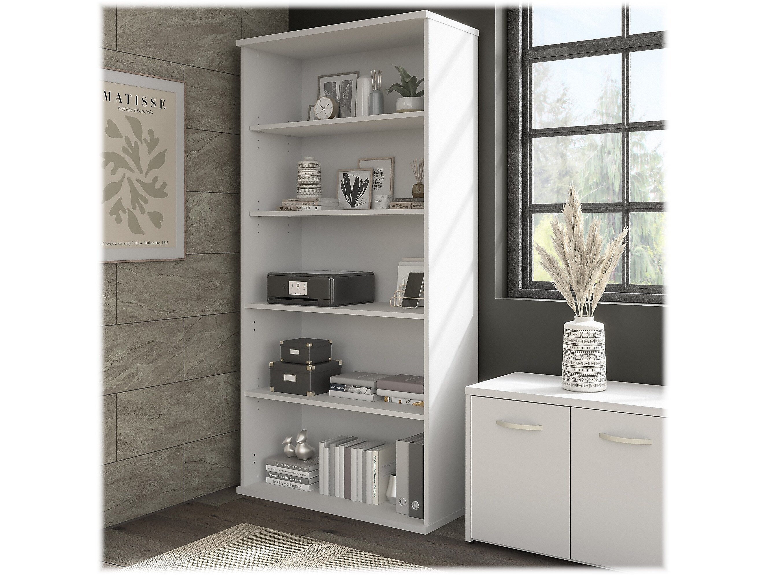 Bush Business Furniture Hybrid 73"H 5-Shelf Bookcase with Adjustable Shelves, White Laminated Wood (HYB136WH-Z)