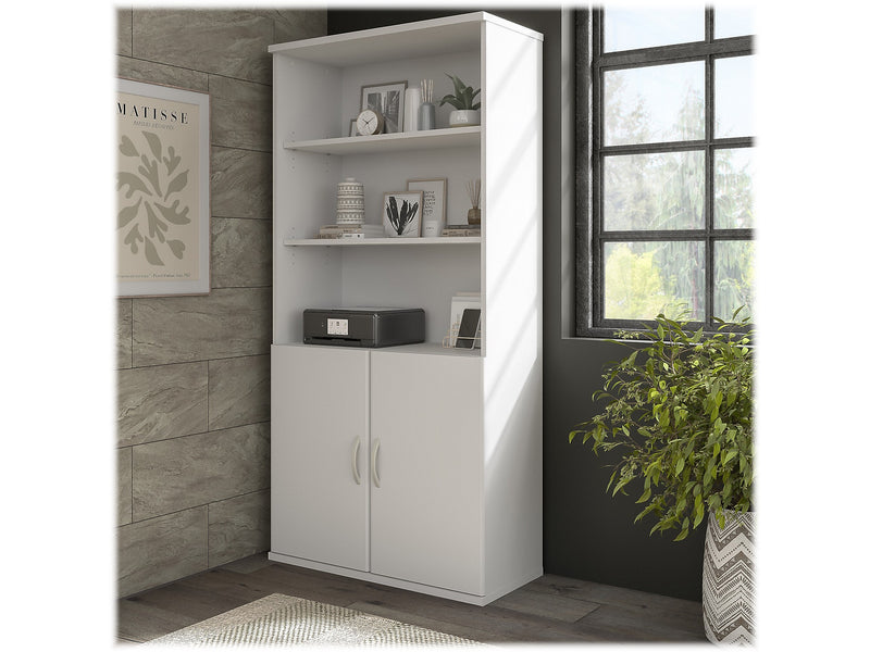 Bush Business Furniture Hybrid 73"H 5-Shelf Bookcase with Adjustable Shelves, White Laminated Wood (HYB136WH-Z)