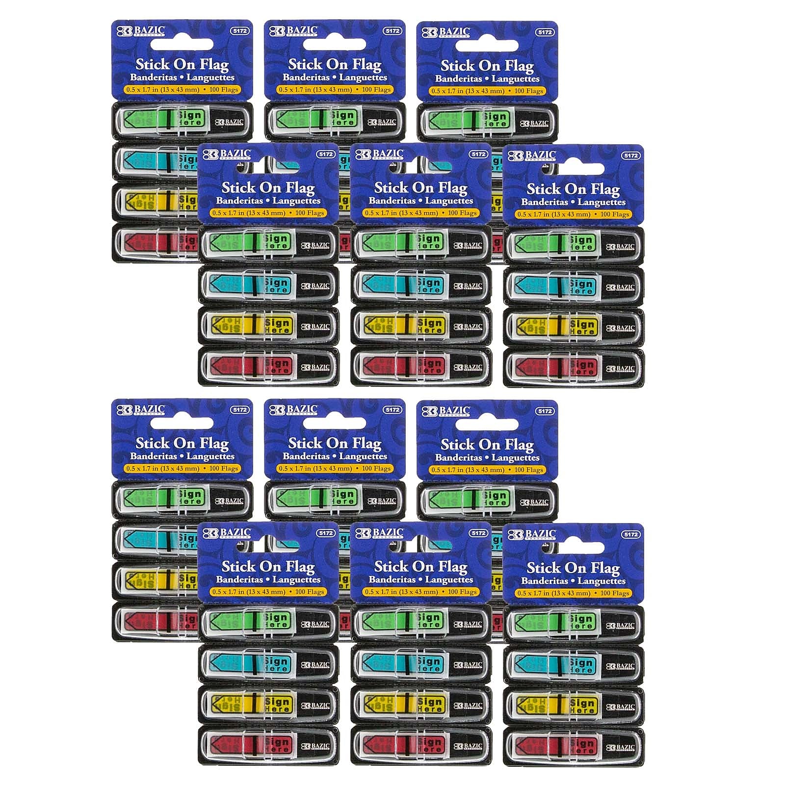 Bazic Sign Here Flags with Dispenser, 1/2" Wide, Assorted Neon, 100/Pack, 12 Packs (BAZ5172-12)