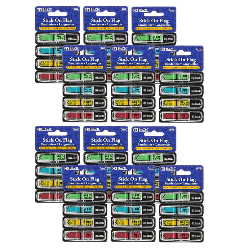 Bazic Sign Here Flags with Dispenser, 1/2" Wide, Assorted Neon, 100/Pack, 12 Packs (BAZ5172-12)