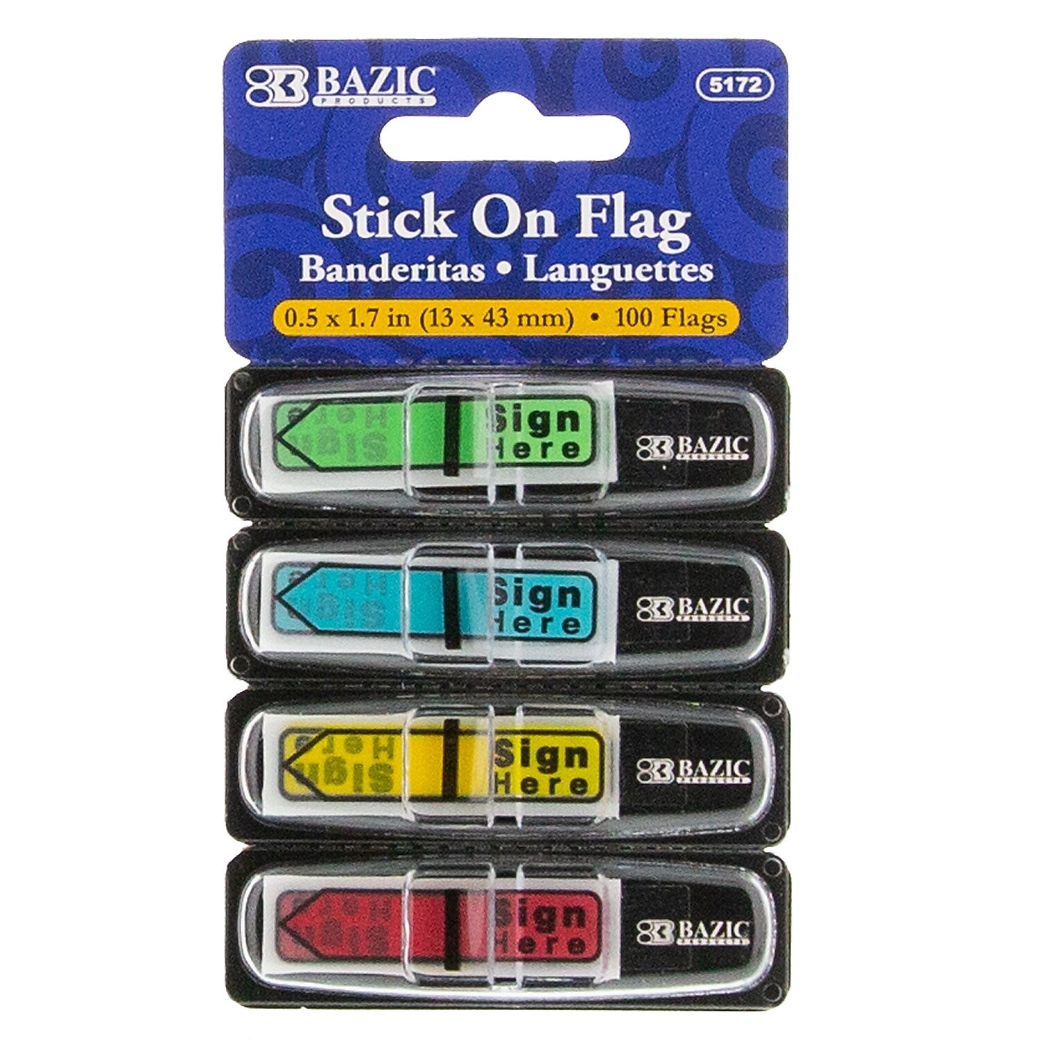 Bazic Sign Here Flags with Dispenser, 1/2" Wide, Assorted Neon, 100/Pack, 12 Packs (BAZ5172-12)