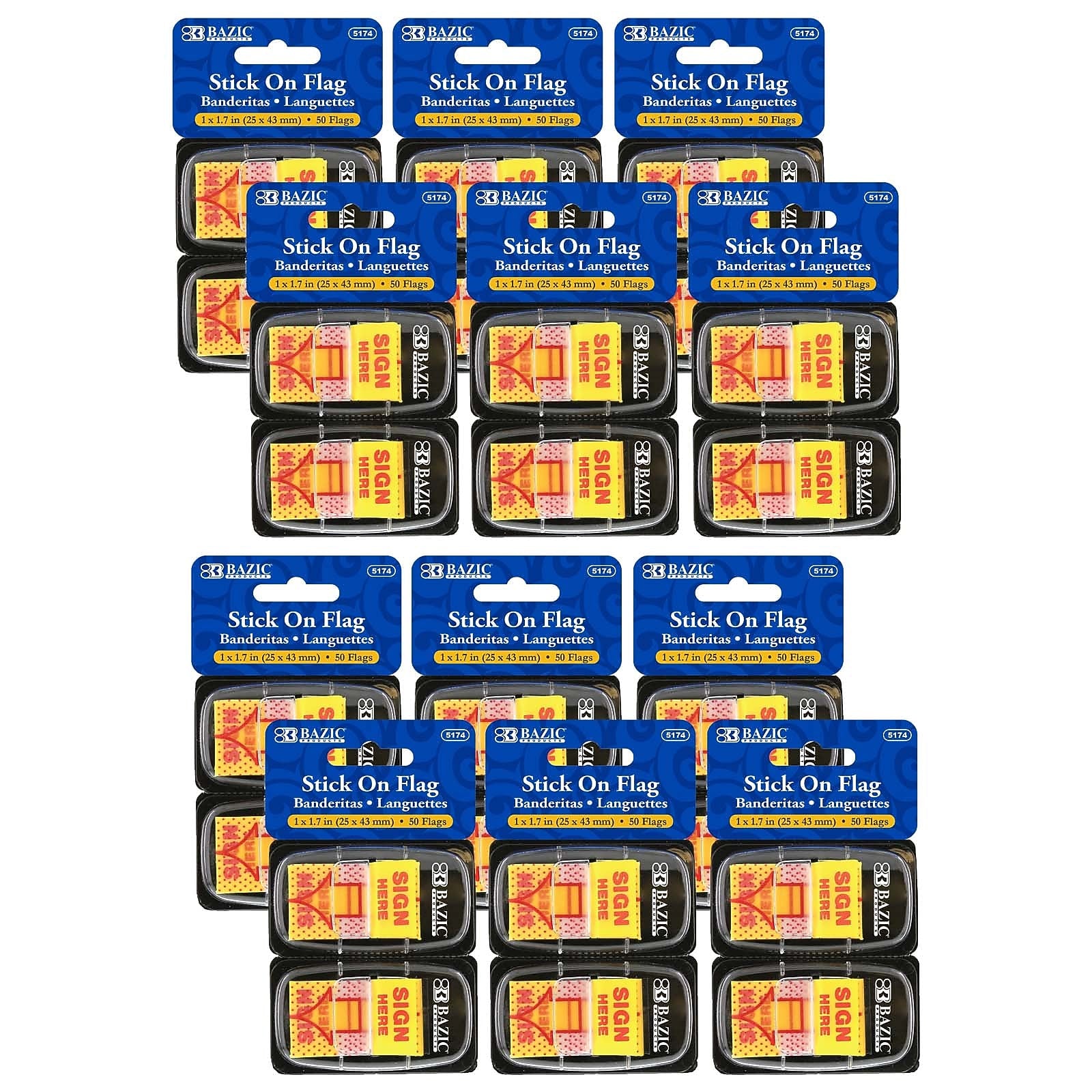 Bazic Sign Here Flags with Dispenser, 1" Wide, Yellow, 50/Pack, 12 Packs (BAZ5174-12)