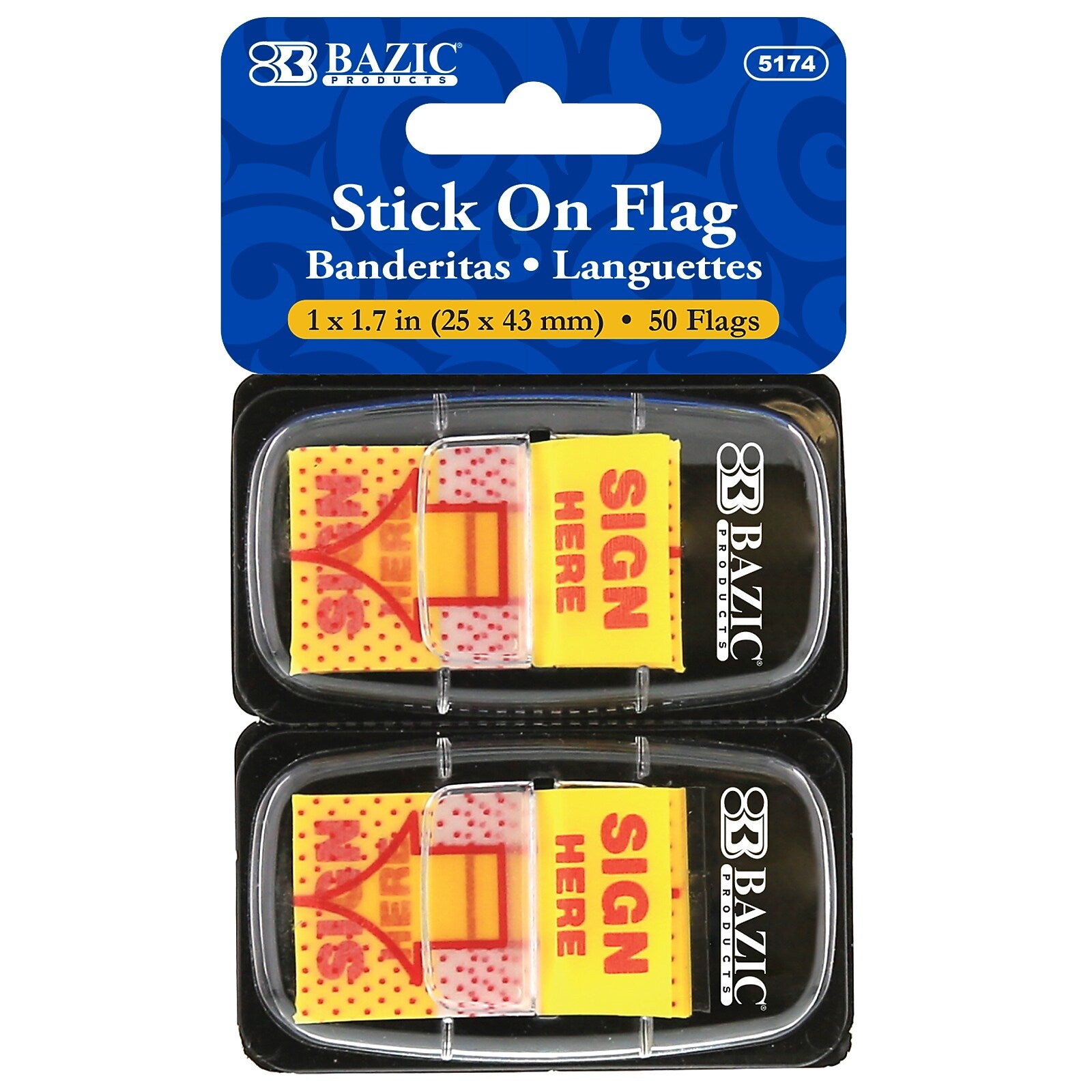 Bazic Sign Here Flags with Dispenser, 1" Wide, Yellow, 50/Pack, 12 Packs (BAZ5174-12)